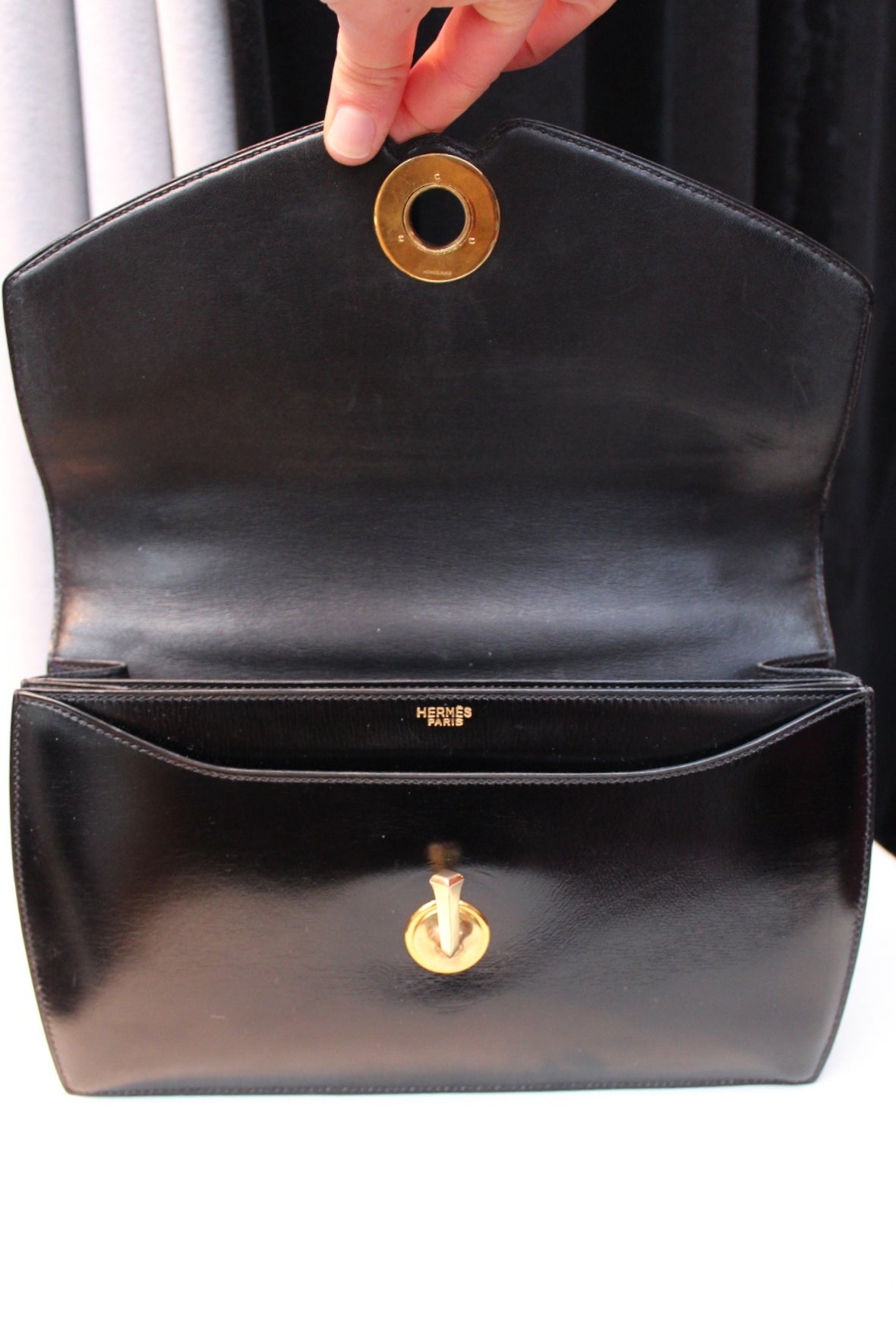 1960's Hermes Black Box Leather Rectangular Handbag For Sale 2