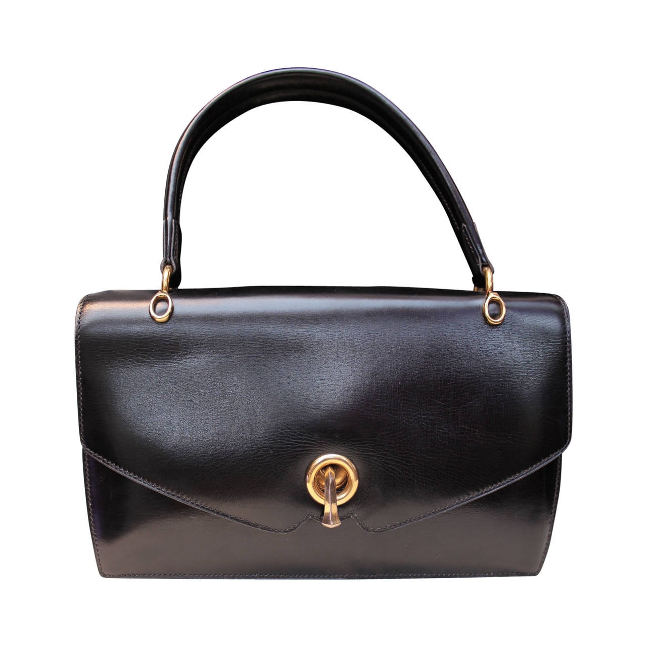1960's Hermes Black Box Leather Rectangular Handbag For Sale