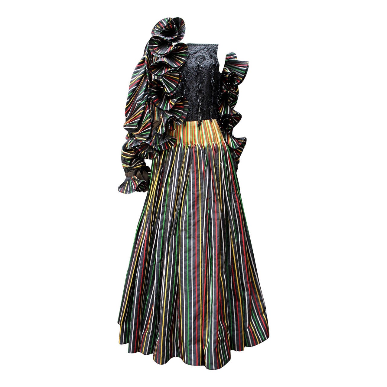 1980s Nina Ricci Haute Couture Striped Black and Multicolore Evening Ensemble For Sale