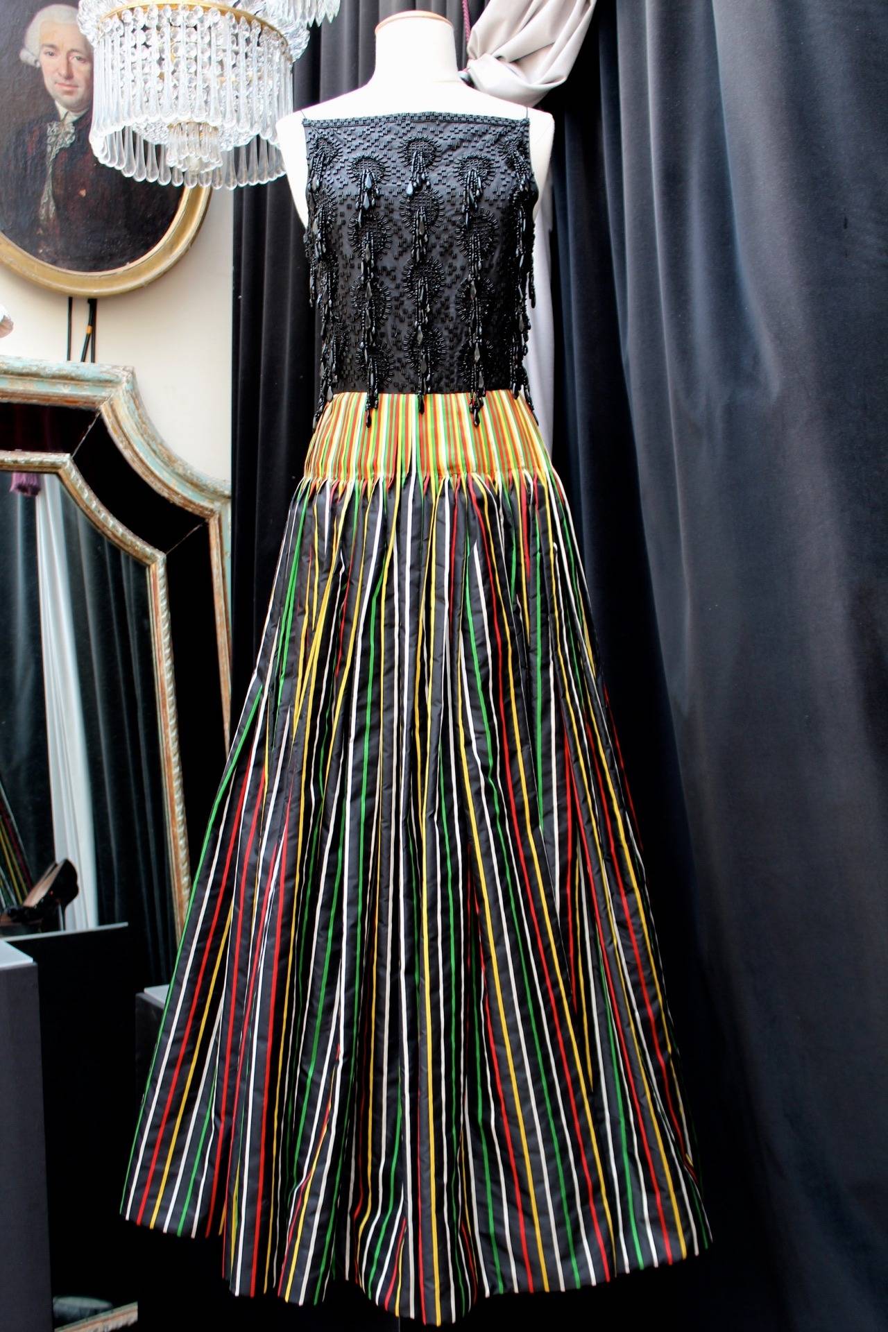 Women's 1980s Nina Ricci Haute Couture Striped Black and Multicolore Evening Ensemble For Sale