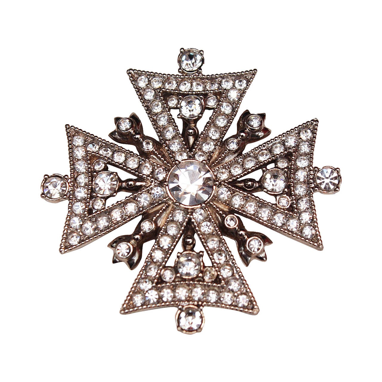 1990's Christian Dior Boutique Cross Brooch with Silver Metal and Crystals