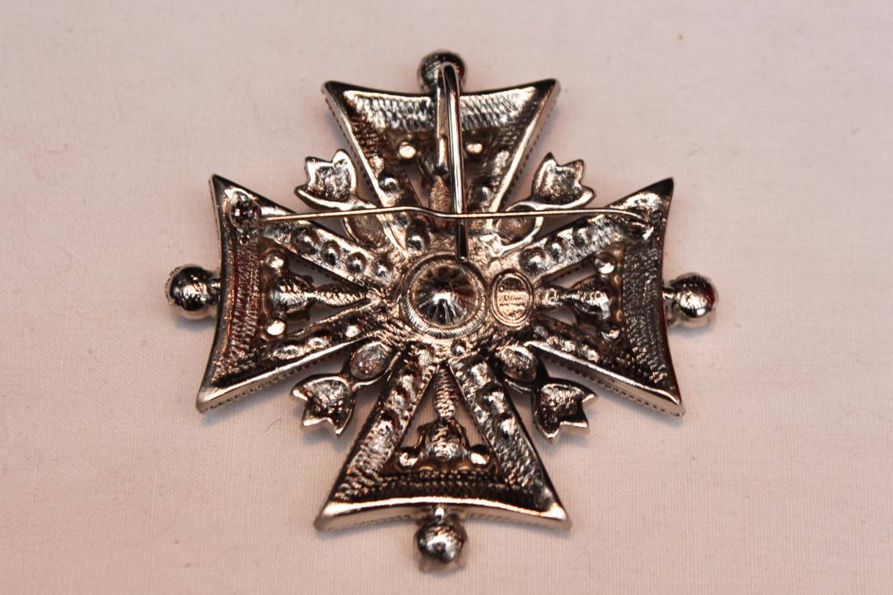 Women's 1990's Christian Dior Boutique Cross Brooch with Silver Metal and Crystals