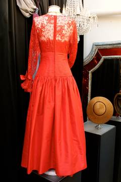 Fall 1980 Nina Ricci Haute Boutique Red Taffeta and Lace Evening Dress