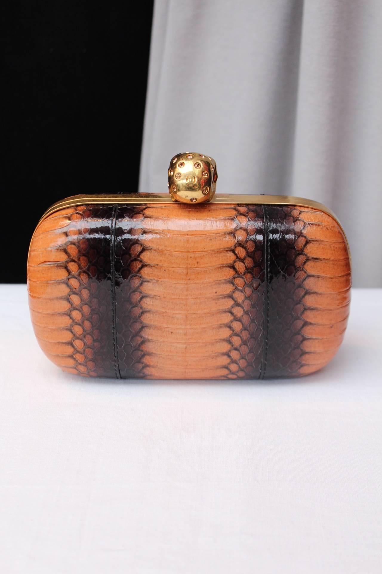 Alexander Mcqueen Skull Clutch with Orange and Brown Patent Snakeskin  In New Condition In Paris, FR