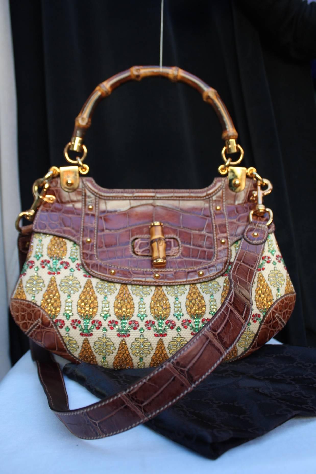 2000s Gucci Bamboo Handbag in Brown Croco and Floral Print and Sequins Canvas In Excellent Condition In Paris, FR