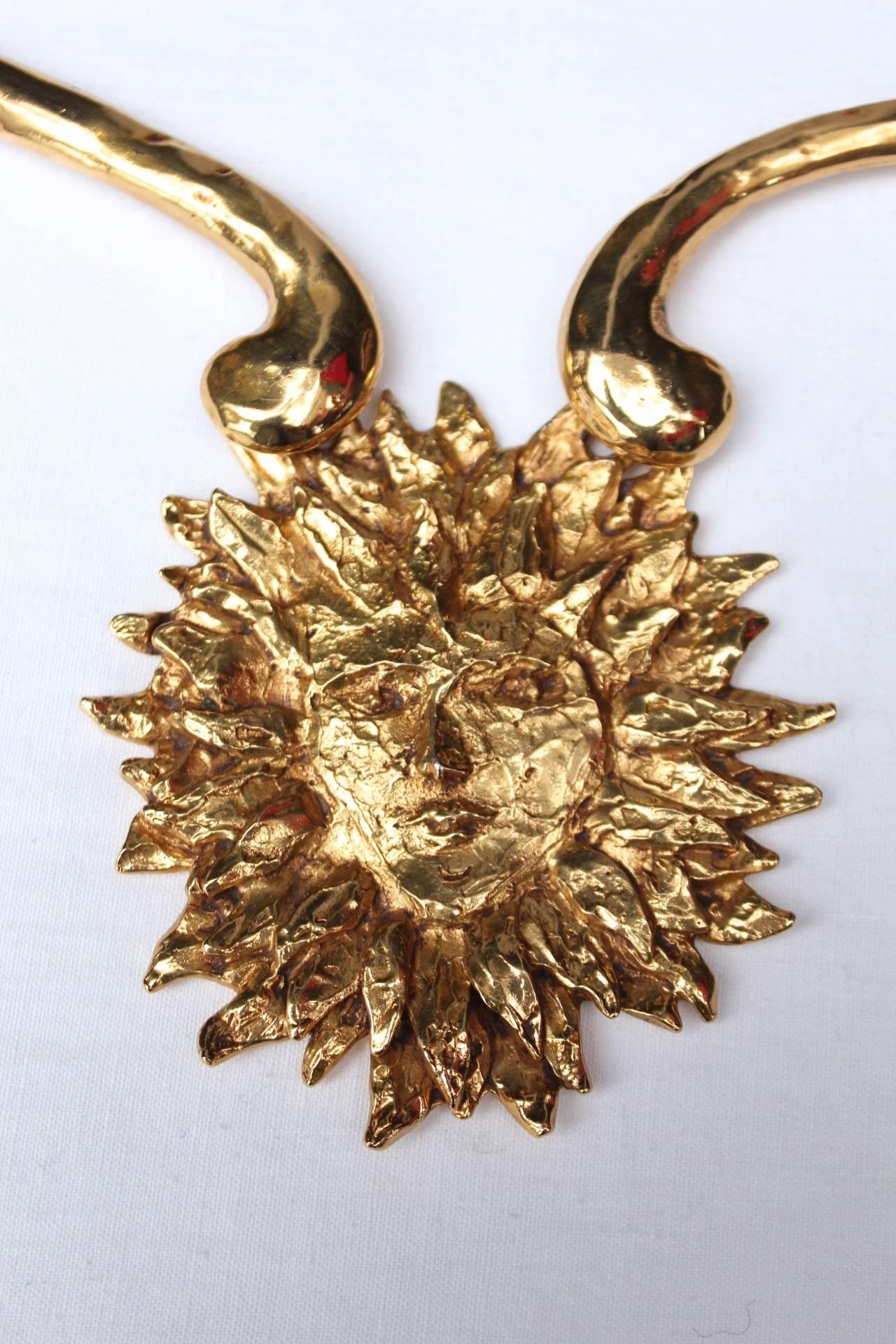 1980s Yves Saint Laurent Iconic Gilt Sun Face Necklace by Robert Goossens In Excellent Condition In Paris, FR