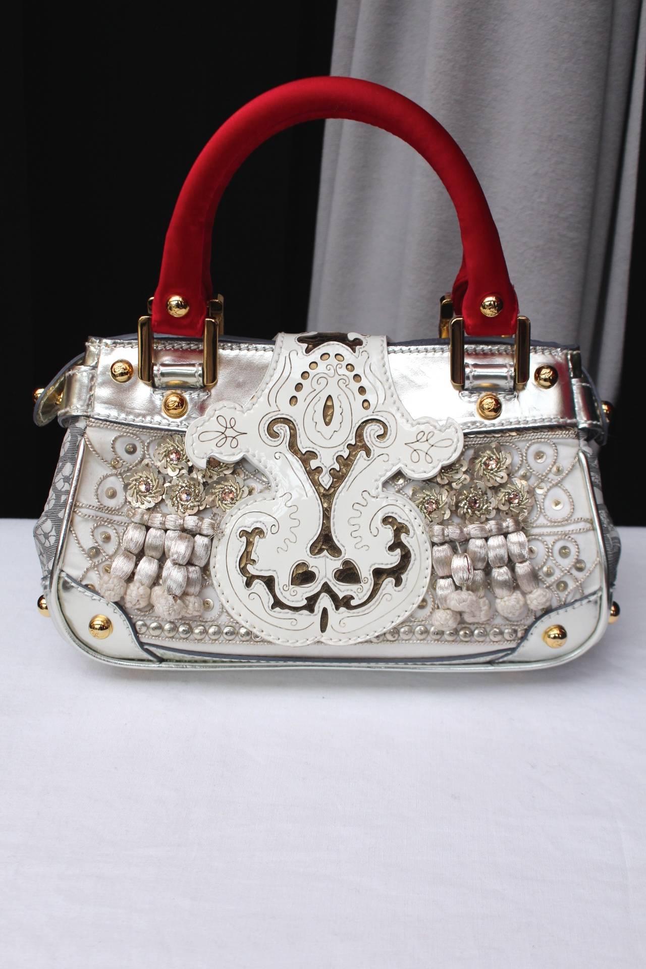 1990 Christian Lacroix Handbag with Silver Leather and Red Silk In Excellent Condition In Paris, FR