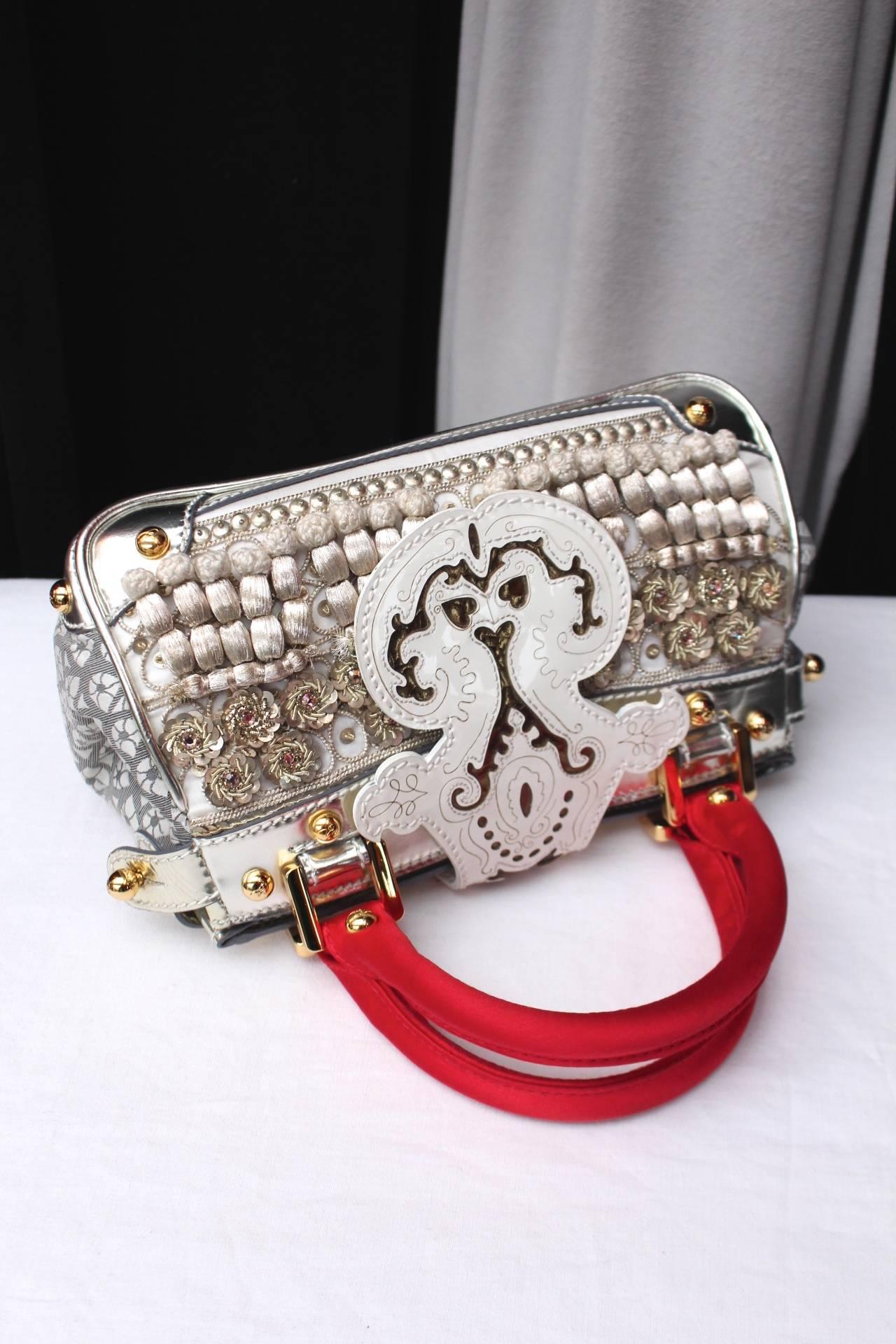 Women's 1990 Christian Lacroix Handbag with Silver Leather and Red Silk