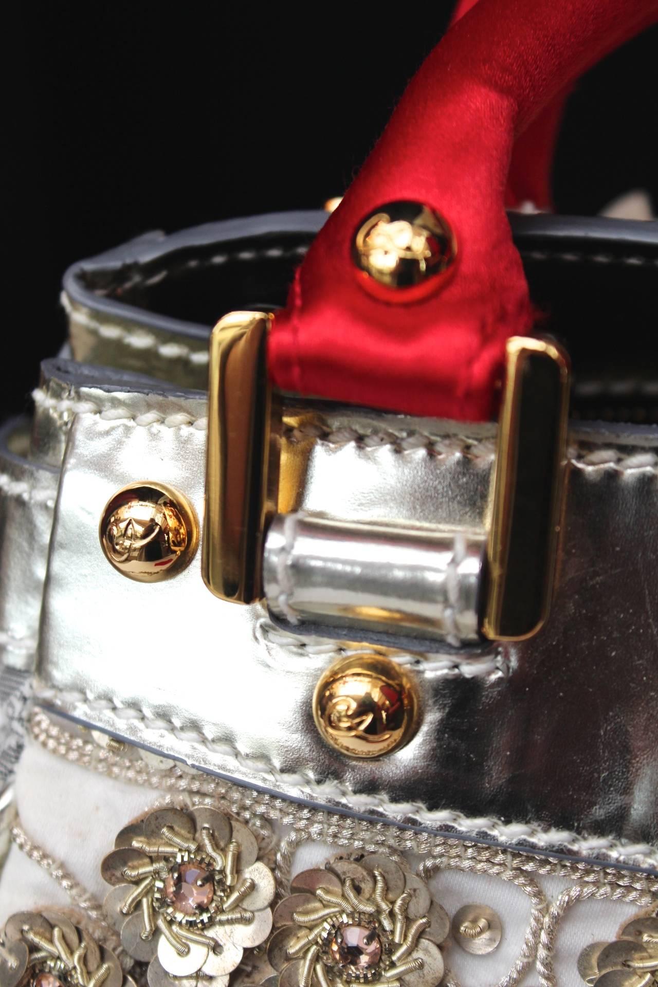 1990 Christian Lacroix Handbag with Silver Leather and Red Silk 4