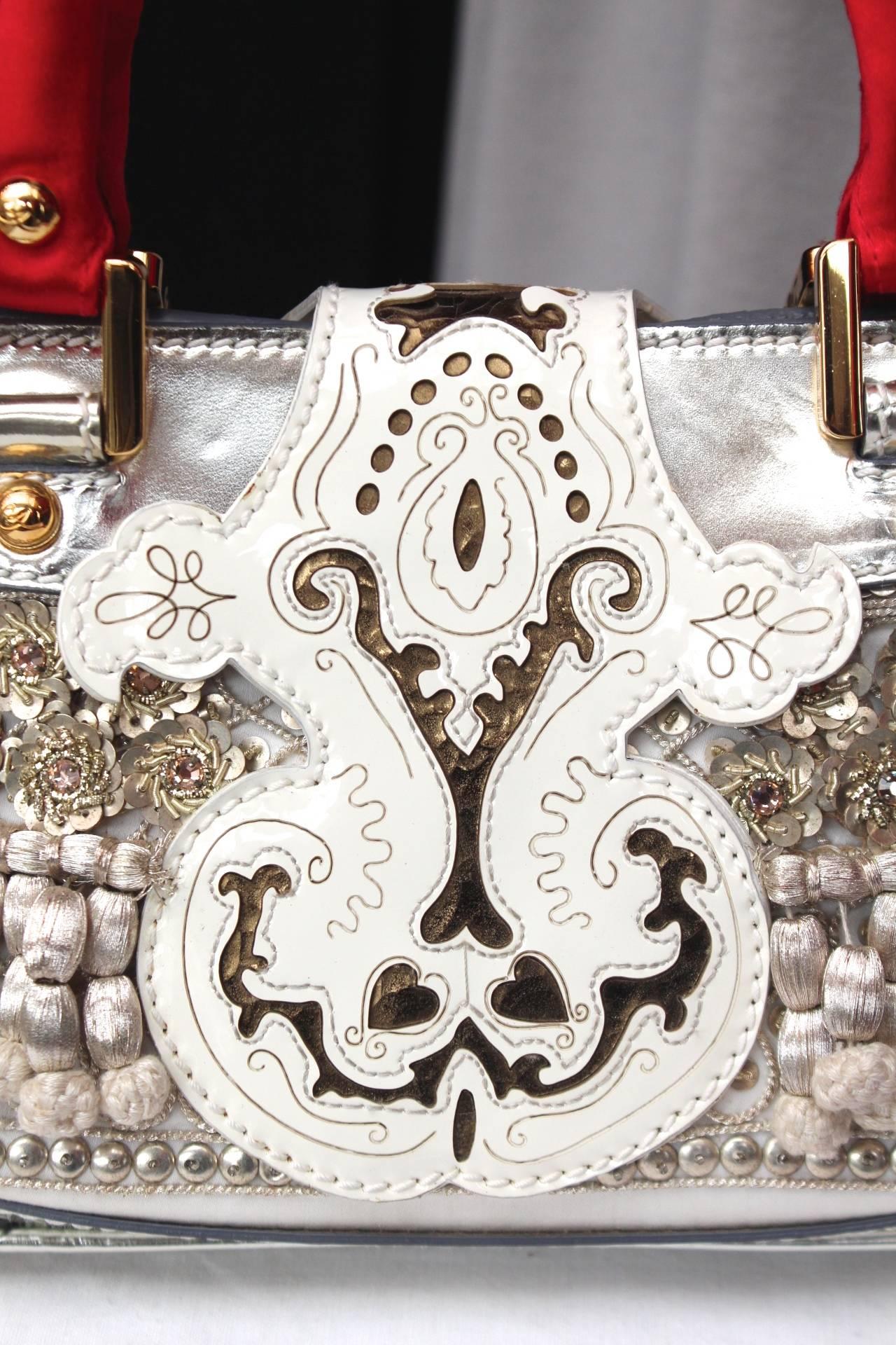 1990 Christian Lacroix Handbag with Silver Leather and Red Silk 2