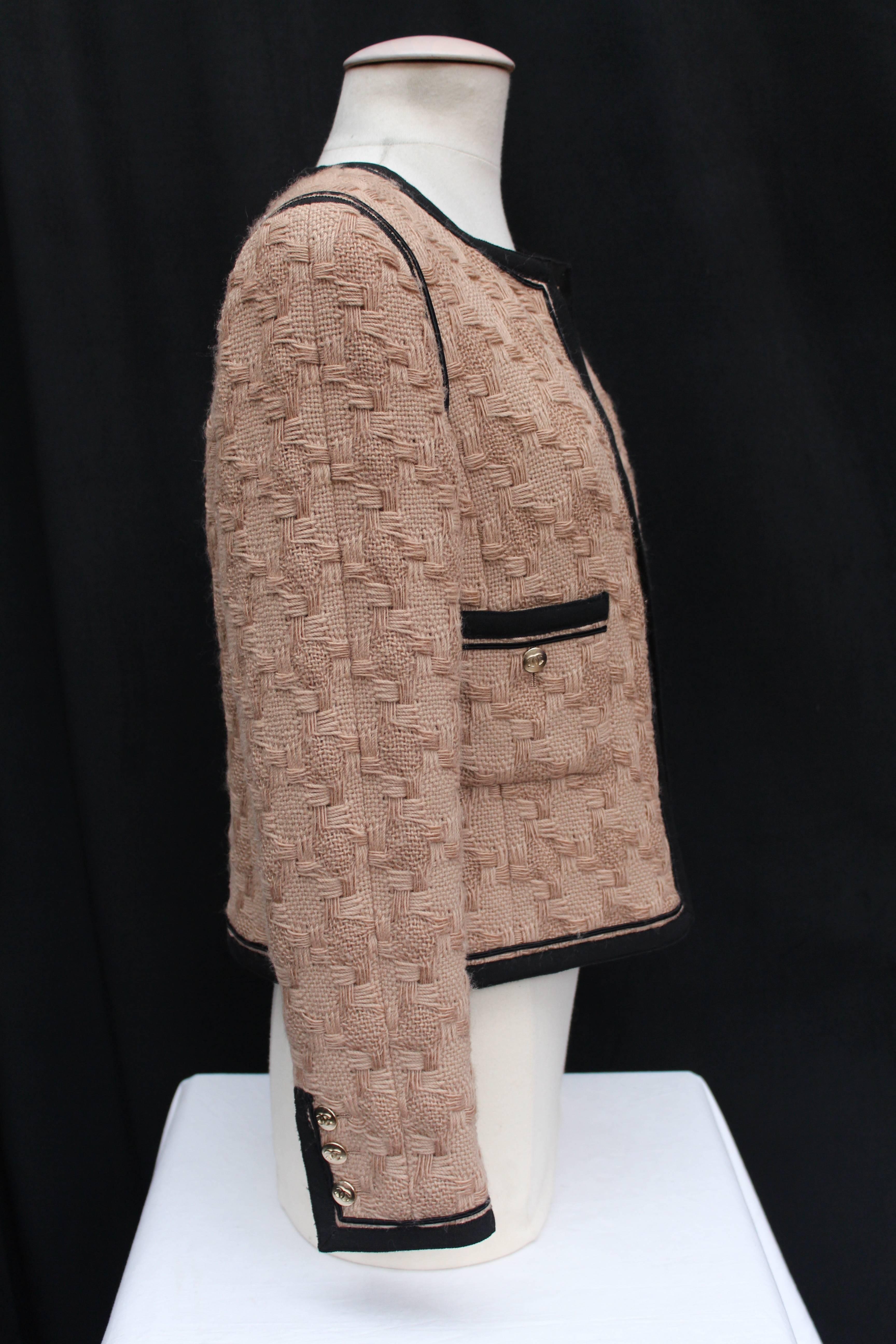 Women's 2000s Chanel Light Brown Tweed and Black Galloons Jacket