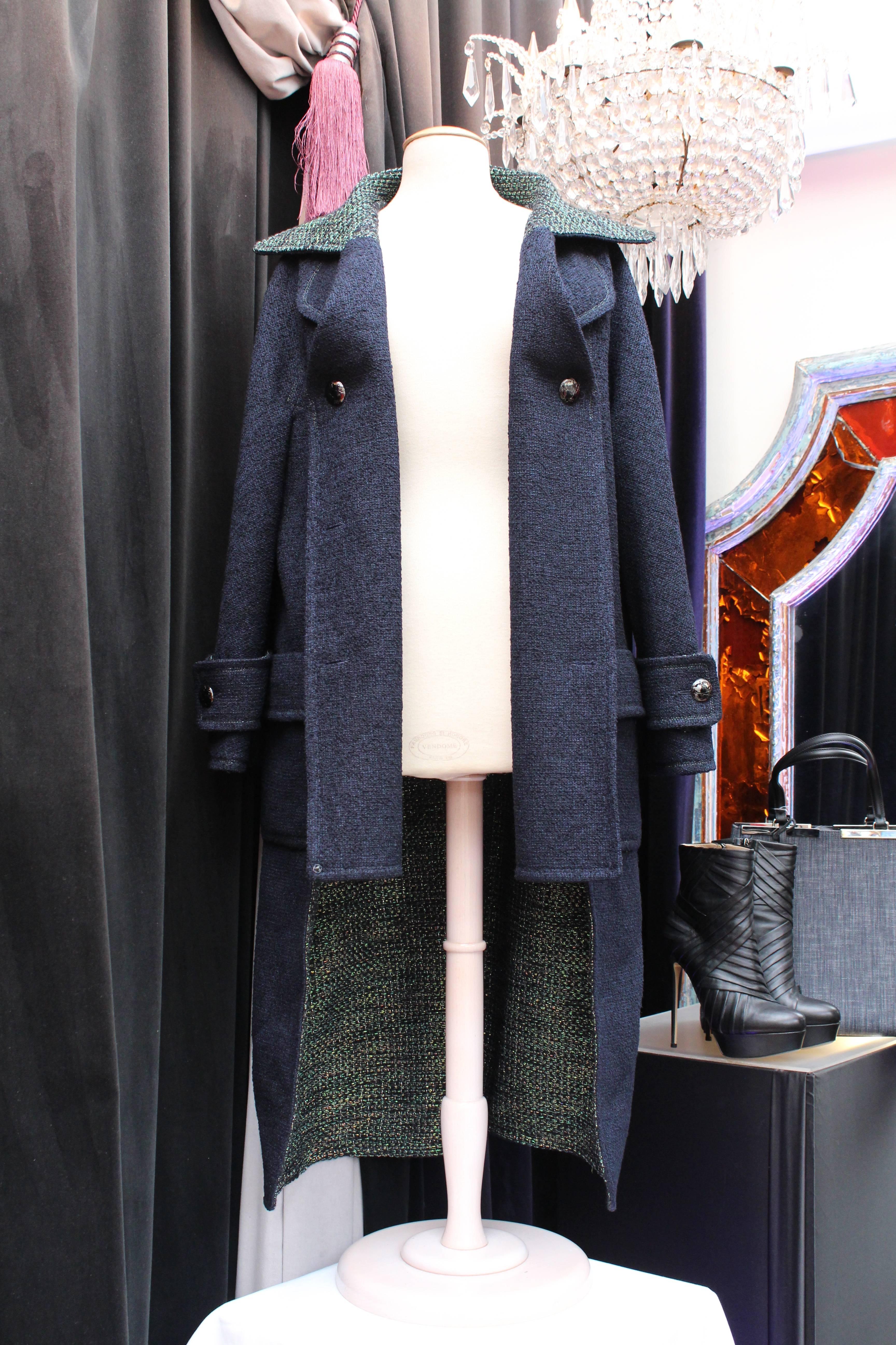 Black Fall 2013 Chanel Coat in Navy Blue and Iridescent Green Wool Tweed