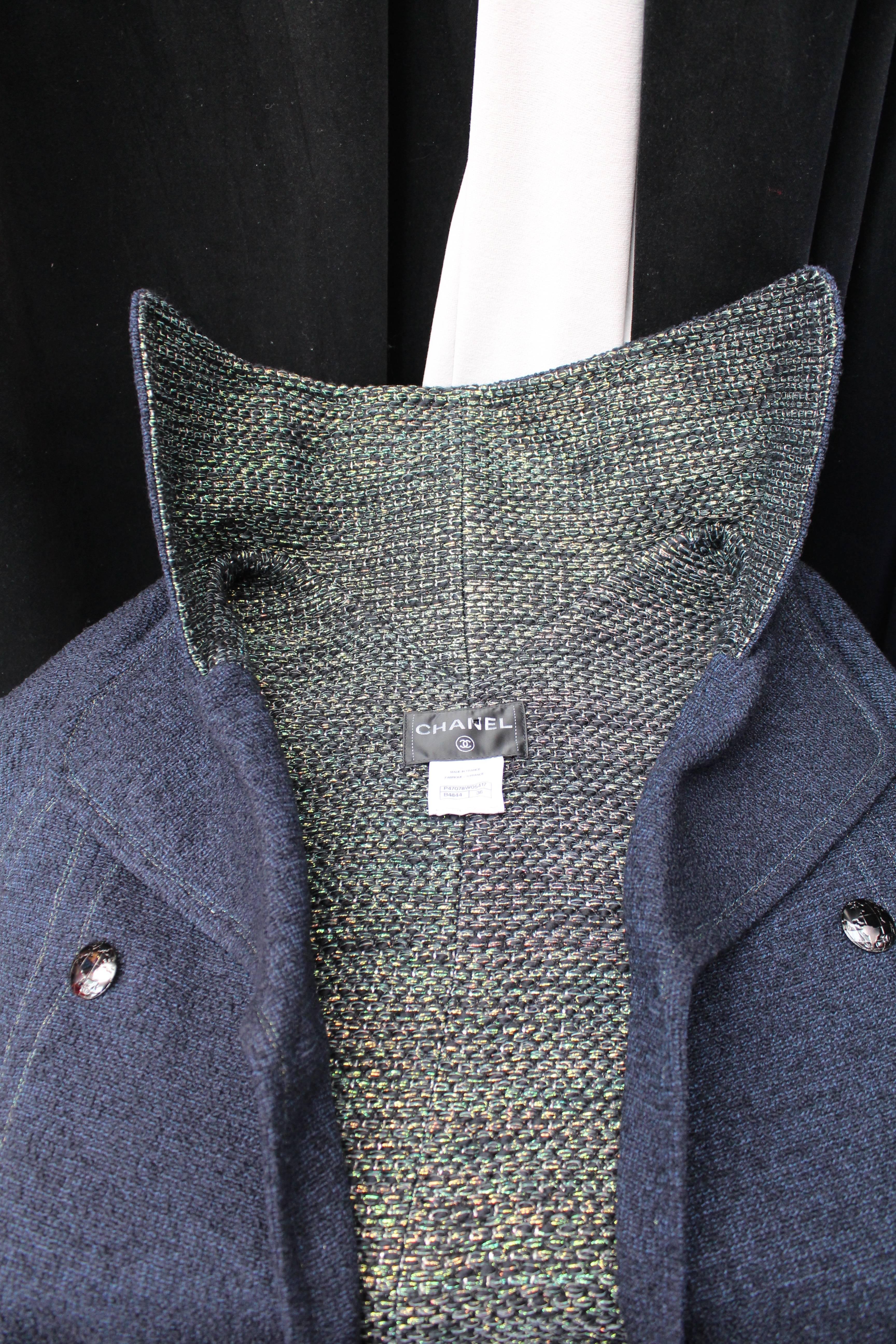 Fall 2013 Chanel Coat in Navy Blue and Iridescent Green Wool Tweed 2