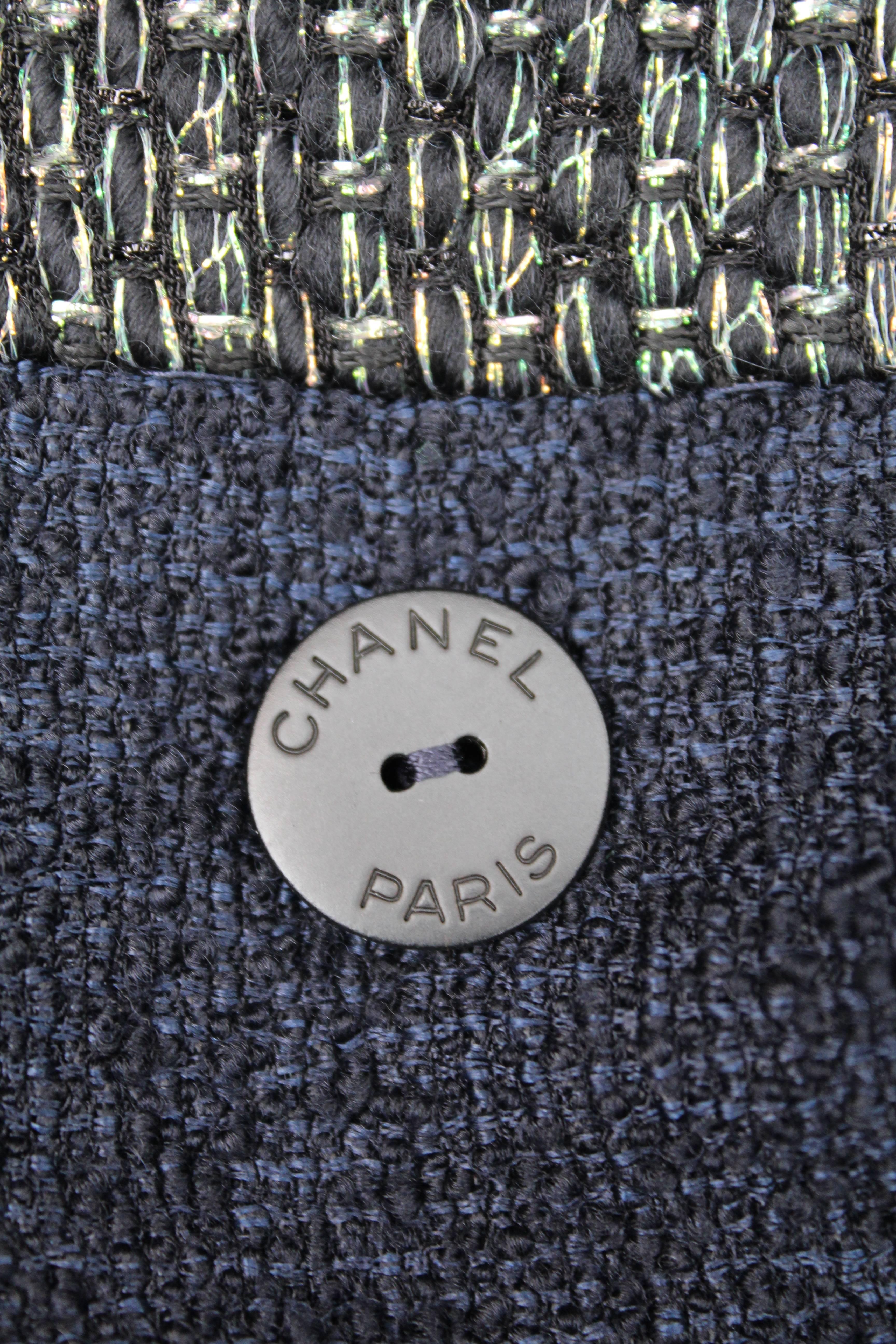 Fall 2013 Chanel Coat in Navy Blue and Iridescent Green Wool Tweed 4