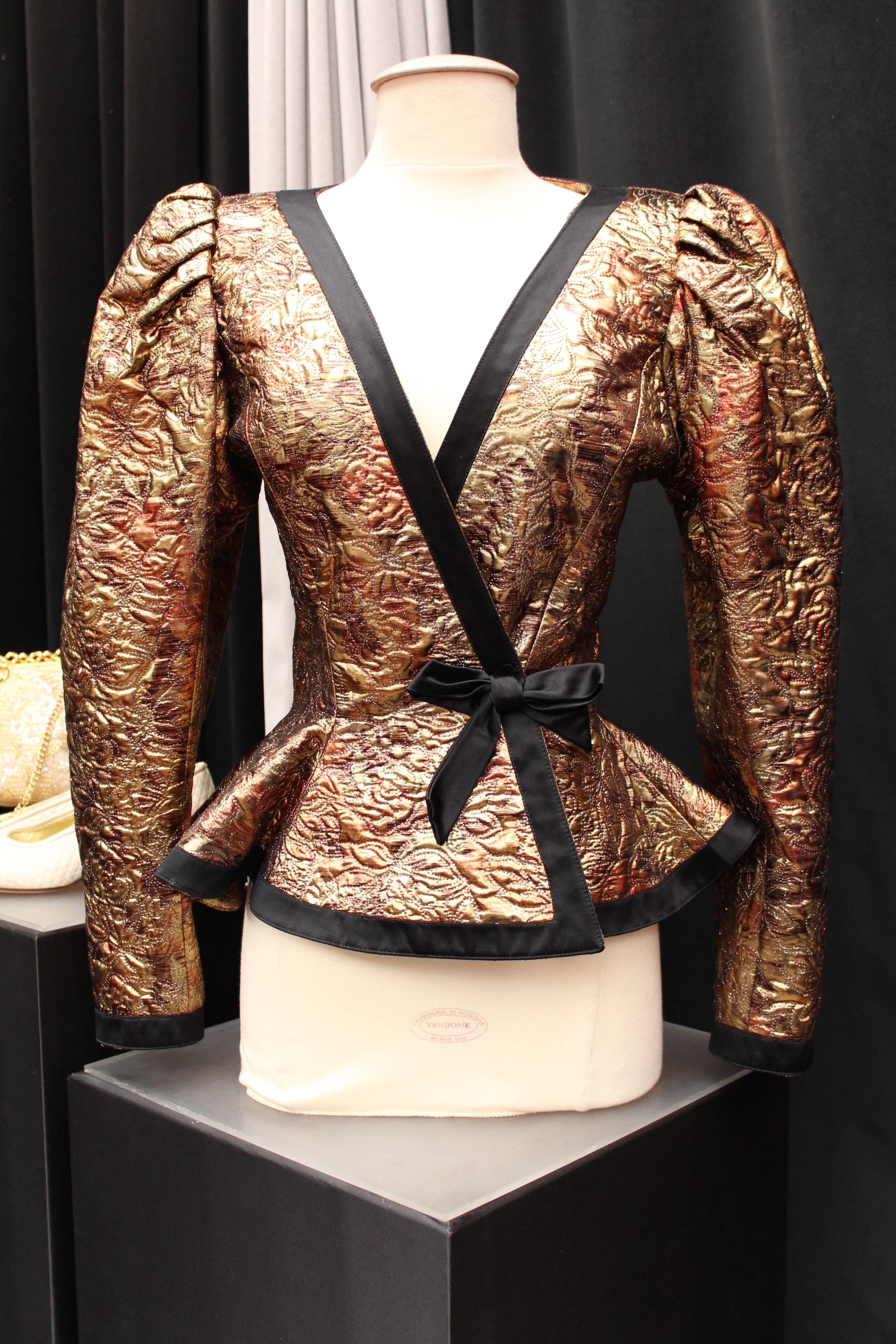 1980s Ungaro Copper and Gold Color Brocarde Jacket and Skirt Ensemble  5