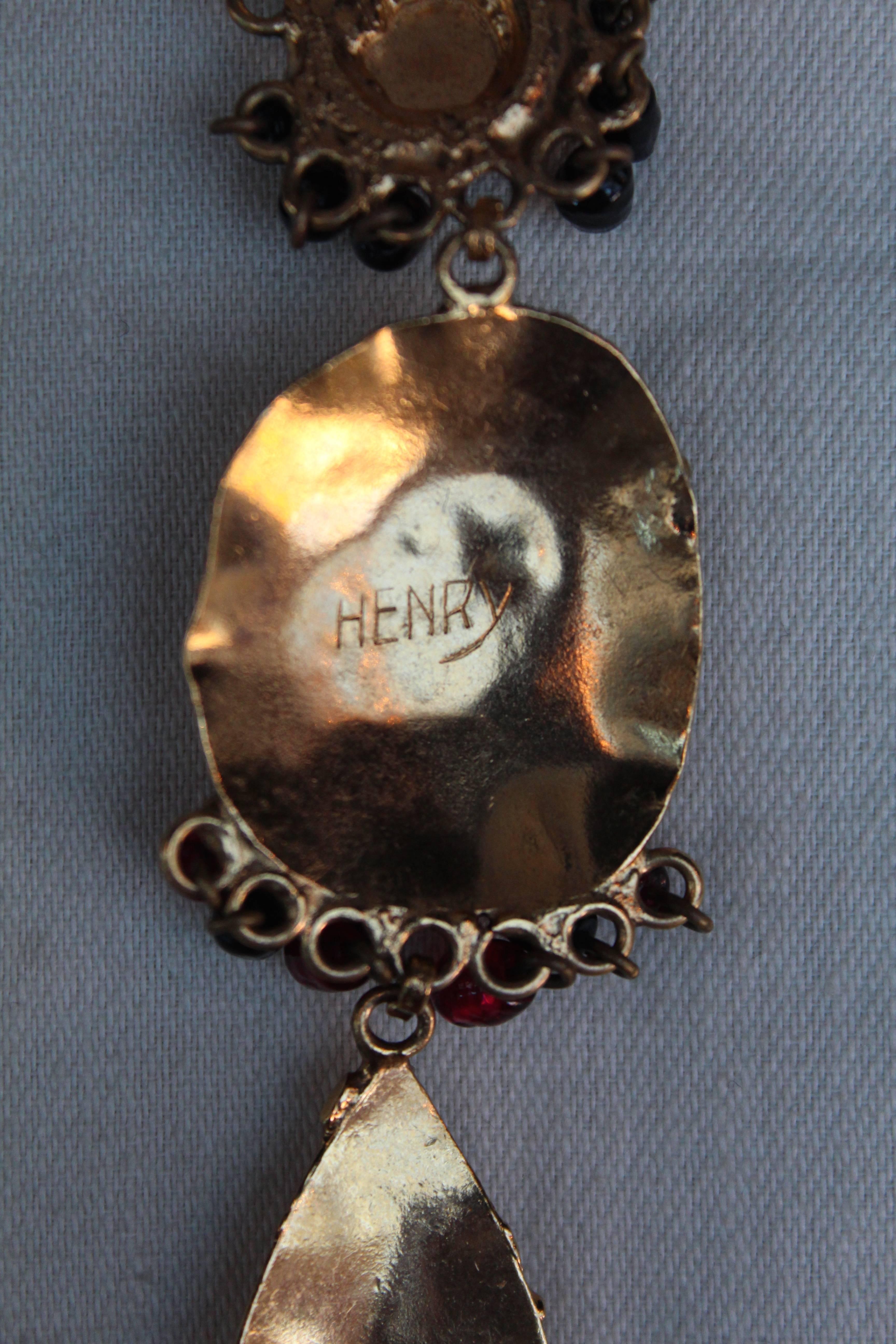 1960s Henry Gilt Metal and Glass Paste Pendant Necklace For Sale 3