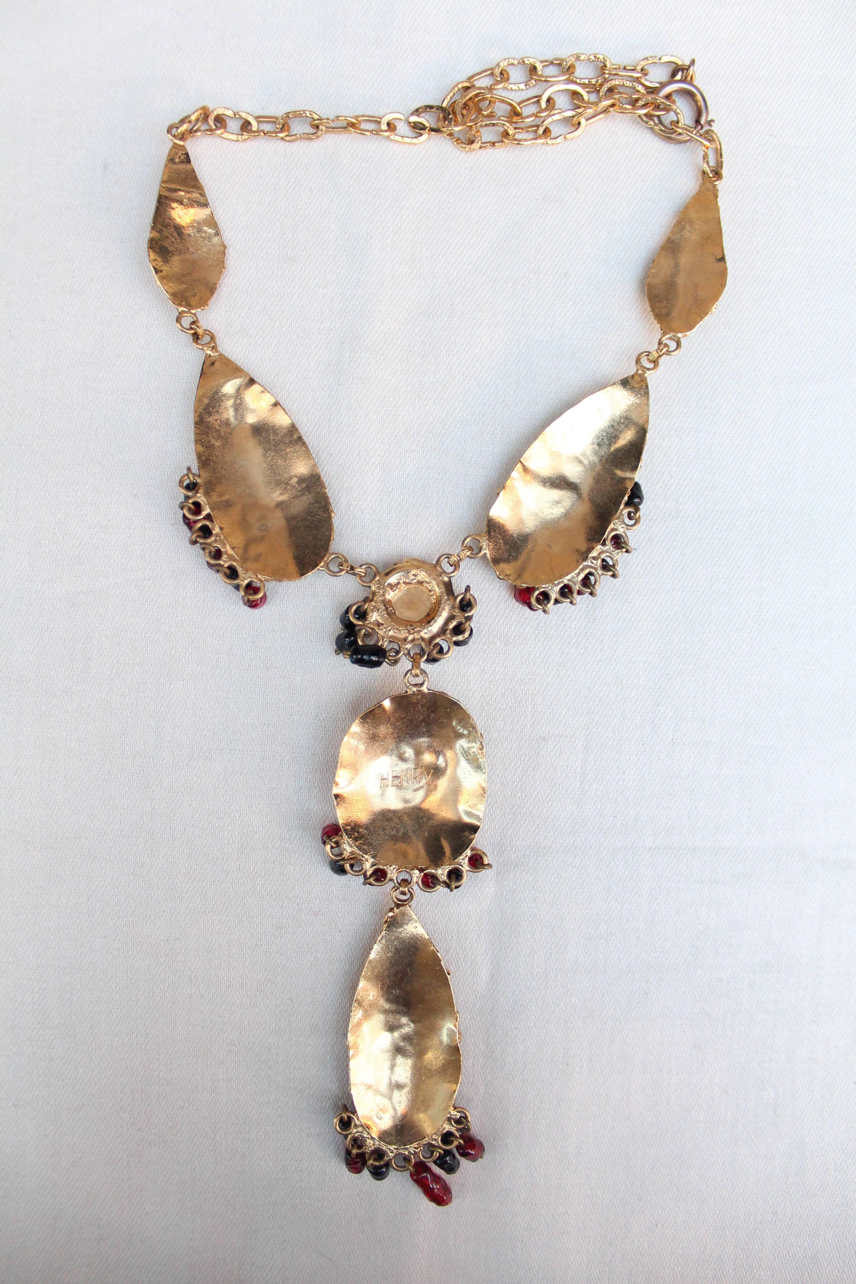 1960s Henry Gilt Metal and Glass Paste Pendant Necklace For Sale 2