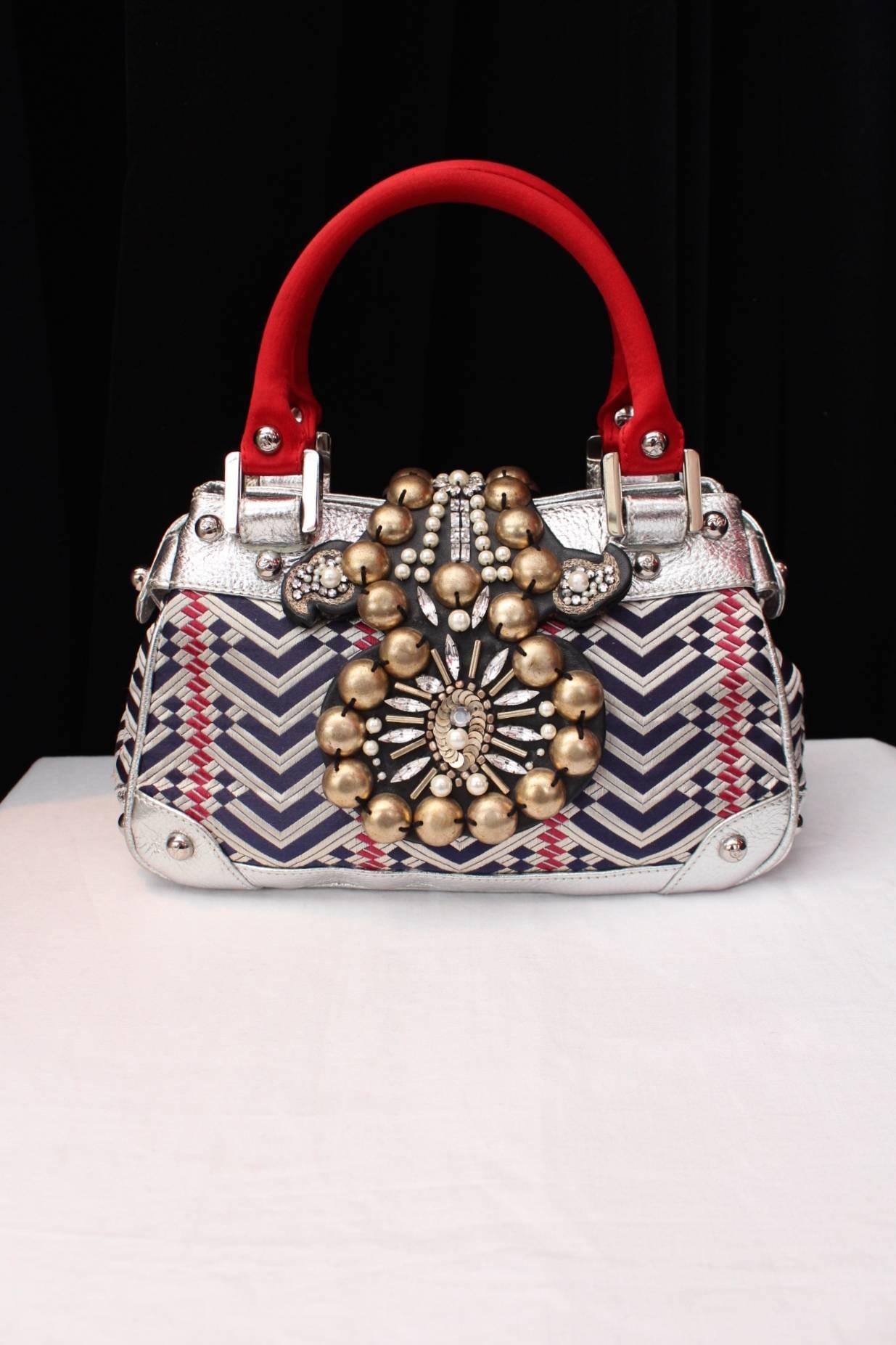 1990 Christian Lacroix Handbag with Silver Leather and Weaving Fabric In Good Condition In Paris, FR