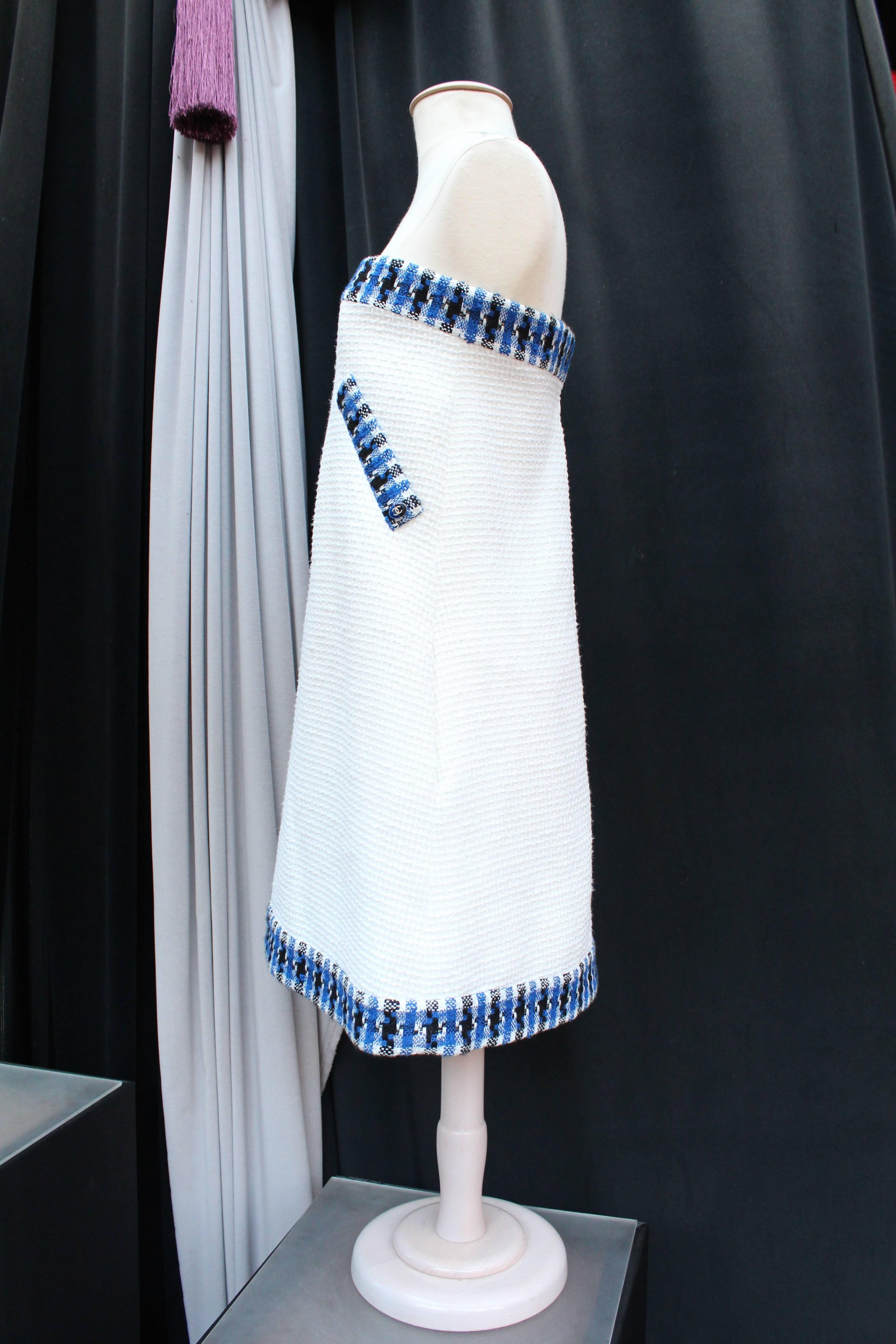 2013 Chanel Strapless Dress in White Blue and Black Cotton 2
