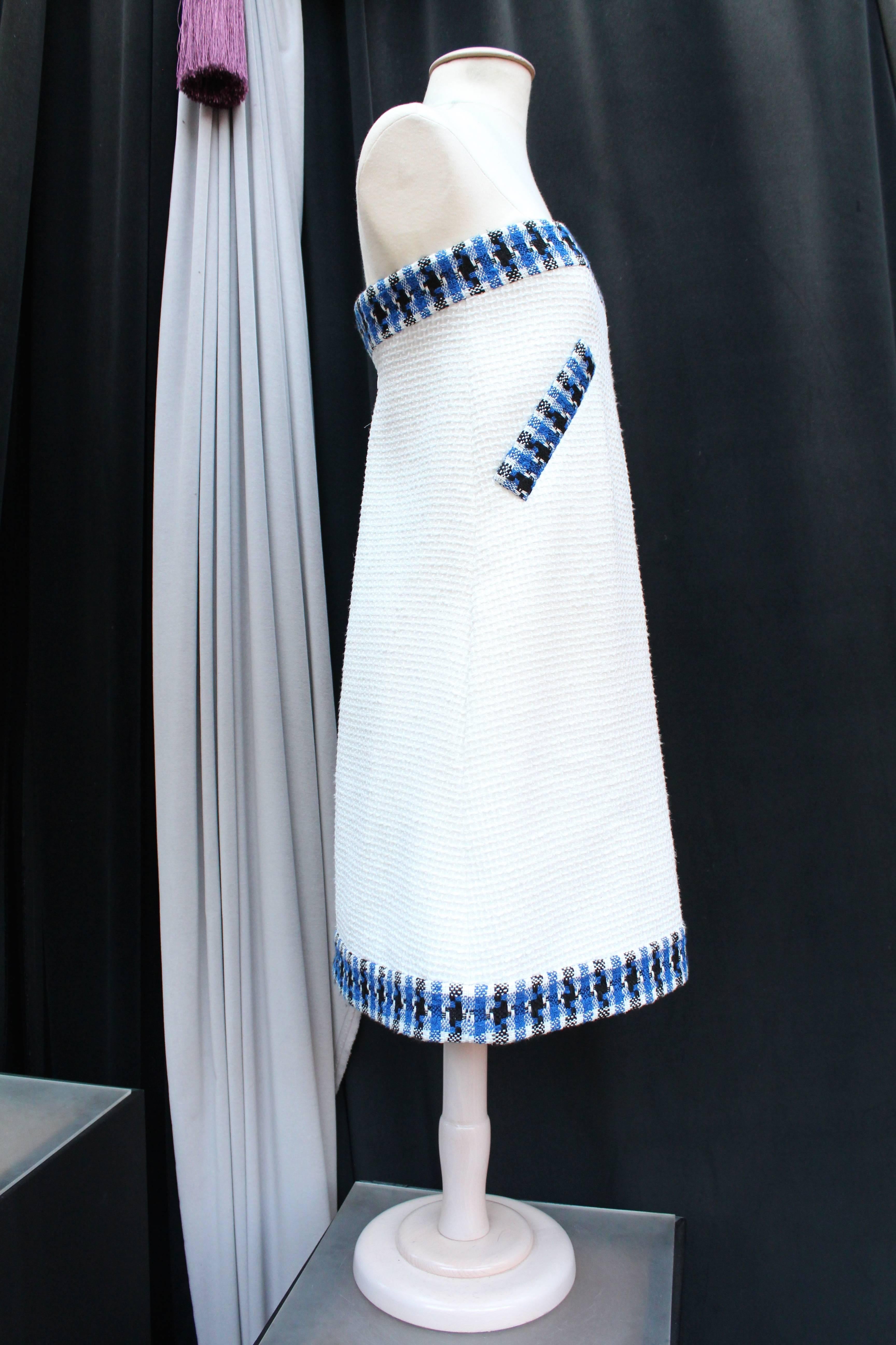 2013 Chanel Strapless Dress in White Blue and Black Cotton 1