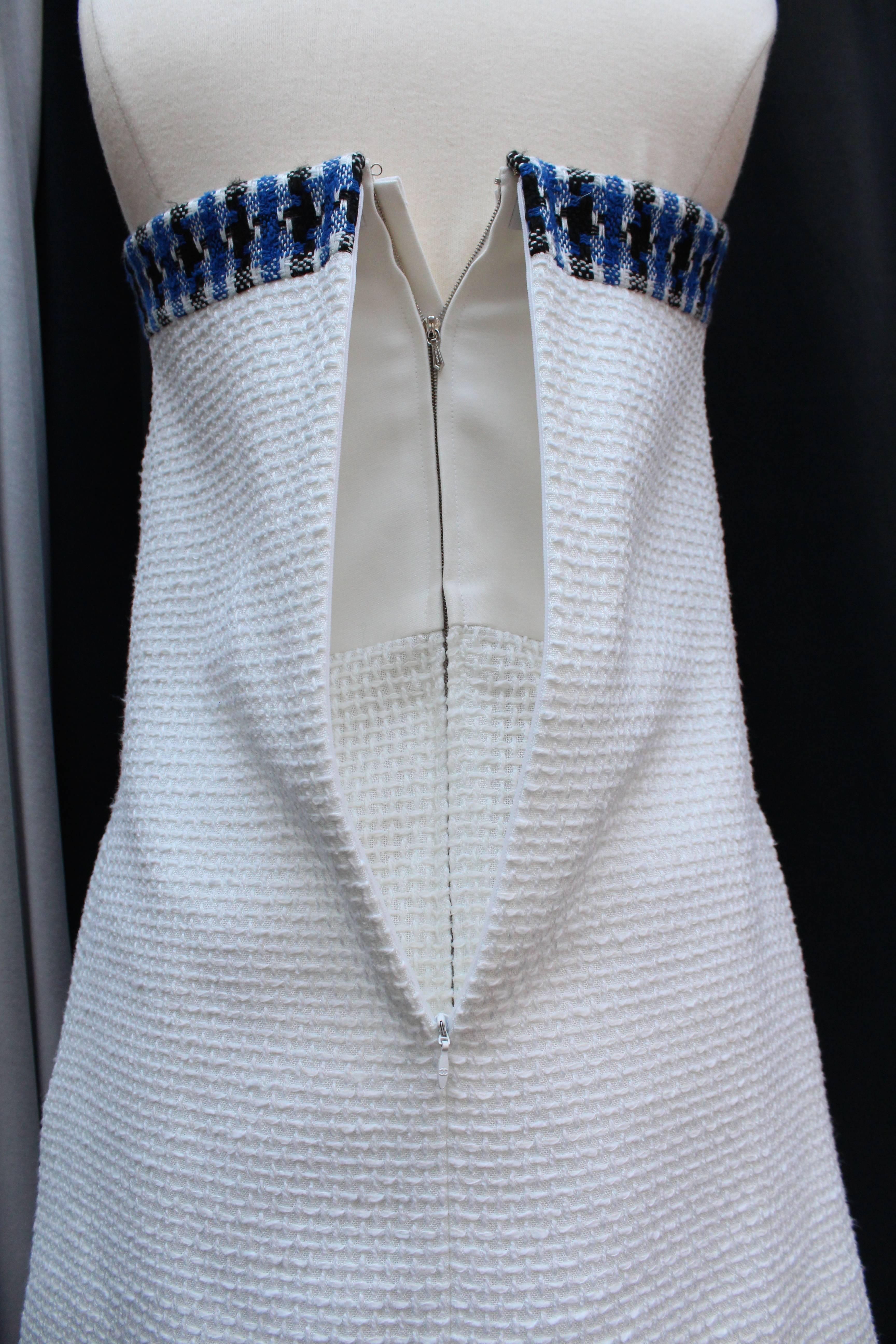2013 Chanel Strapless Dress in White Blue and Black Cotton 3