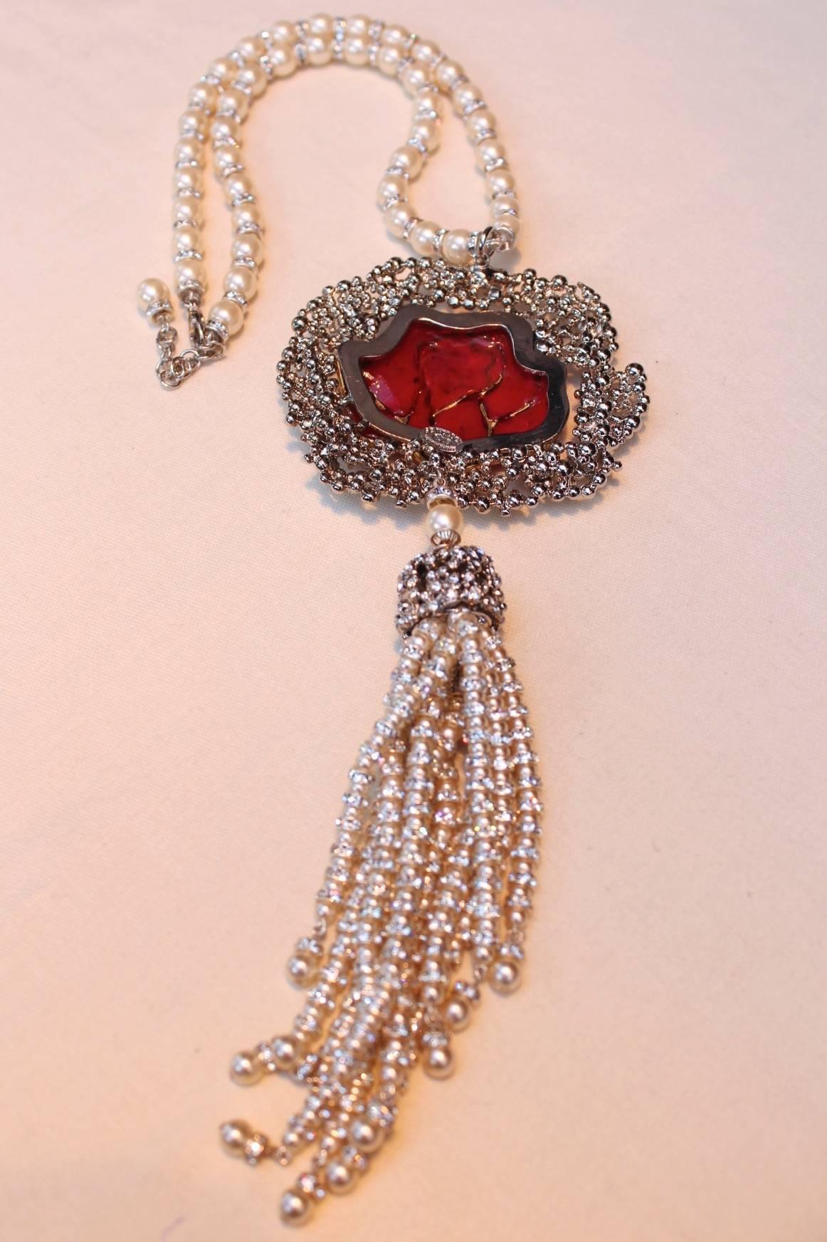 2011 Serge Eric Woloch Pendant Necklace with a Red Glass Rose and White Crystals 2