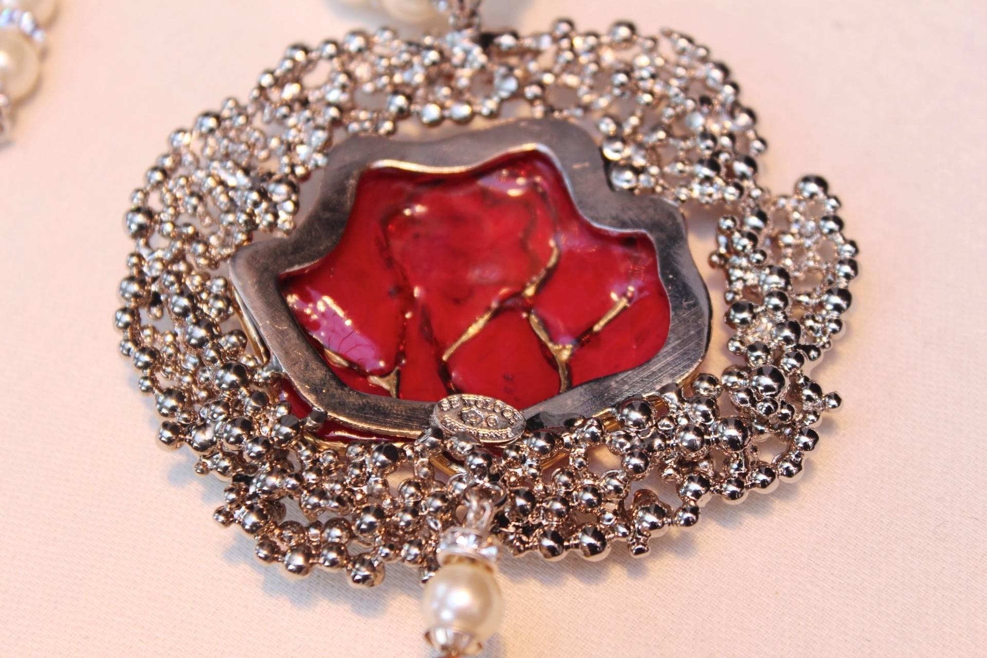 2011 Serge Eric Woloch Pendant Necklace with a Red Glass Rose and White Crystals 3