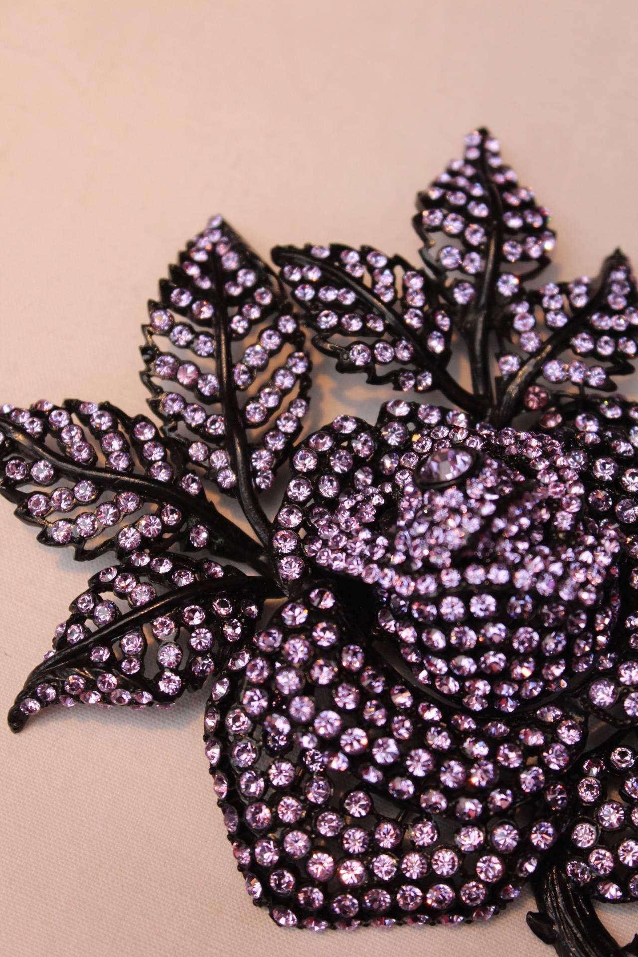 2000s Sonia Rykiel Floral Brooch in Black Metal and Parma Crystals 1