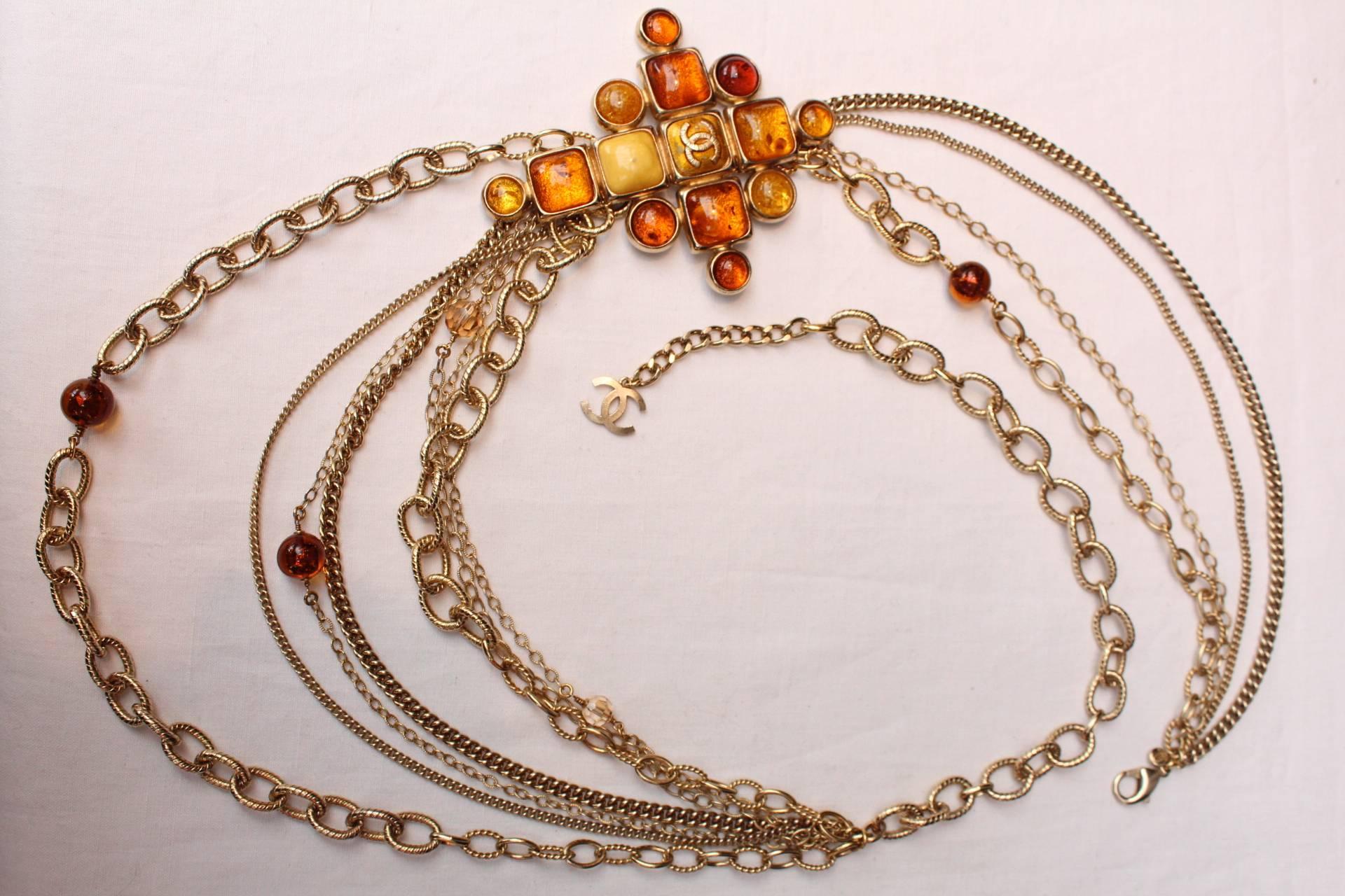 2007 Chanel Multistrands Chain and Large Amber Glass Cross Necklace In Excellent Condition In Paris, FR