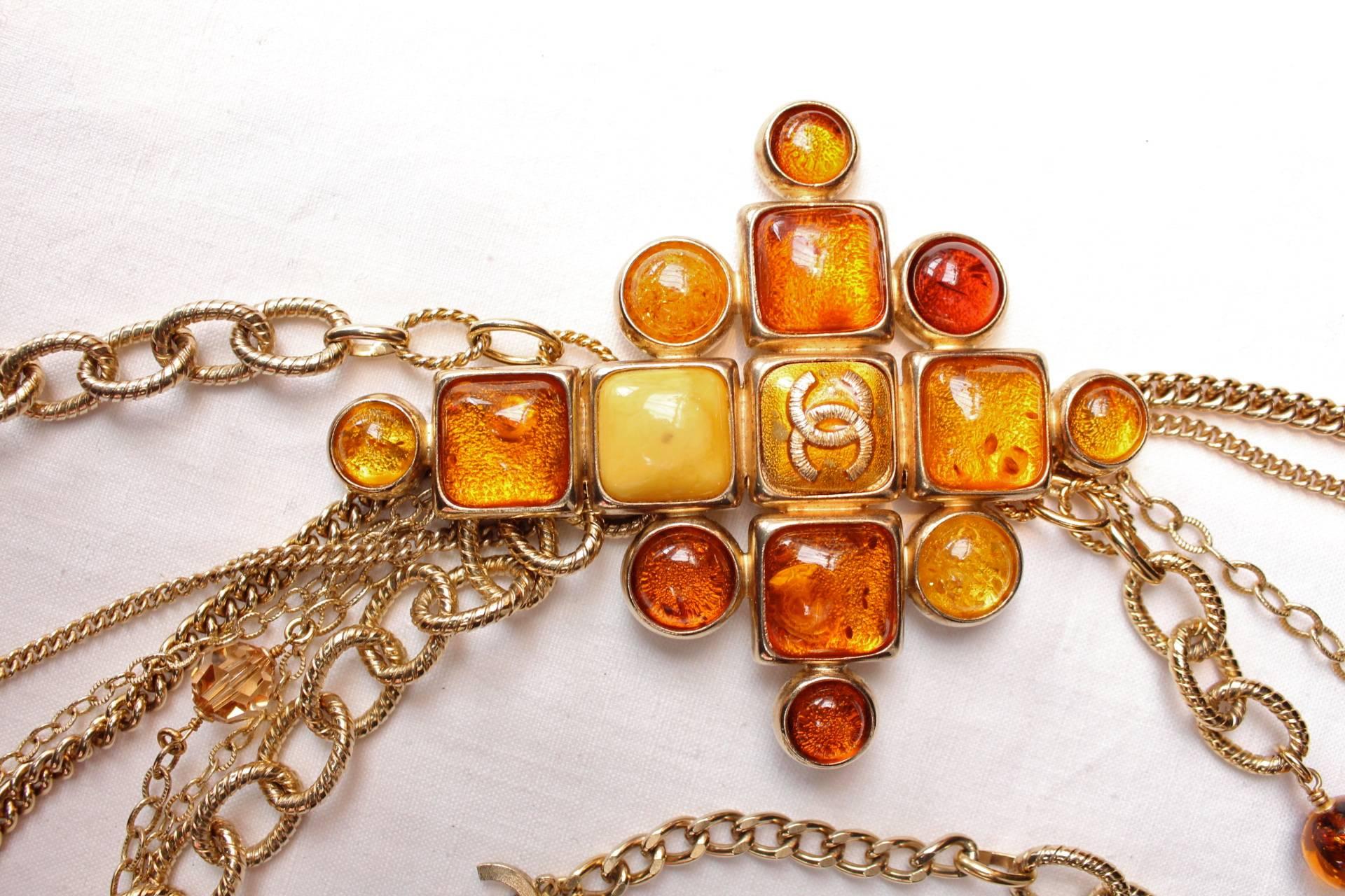 Women's 2007 Chanel Multistrands Chain and Large Amber Glass Cross Necklace