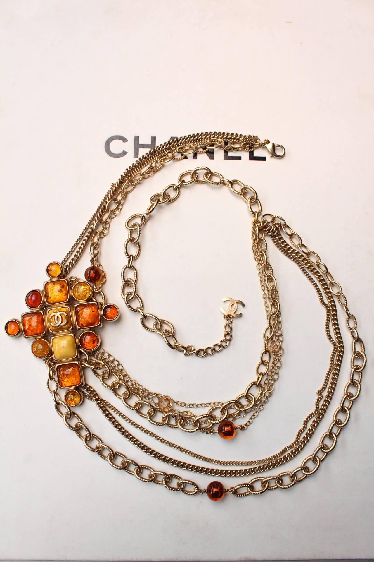 2007 Chanel Multistrands Chain and Large Amber Glass Cross Necklace 1