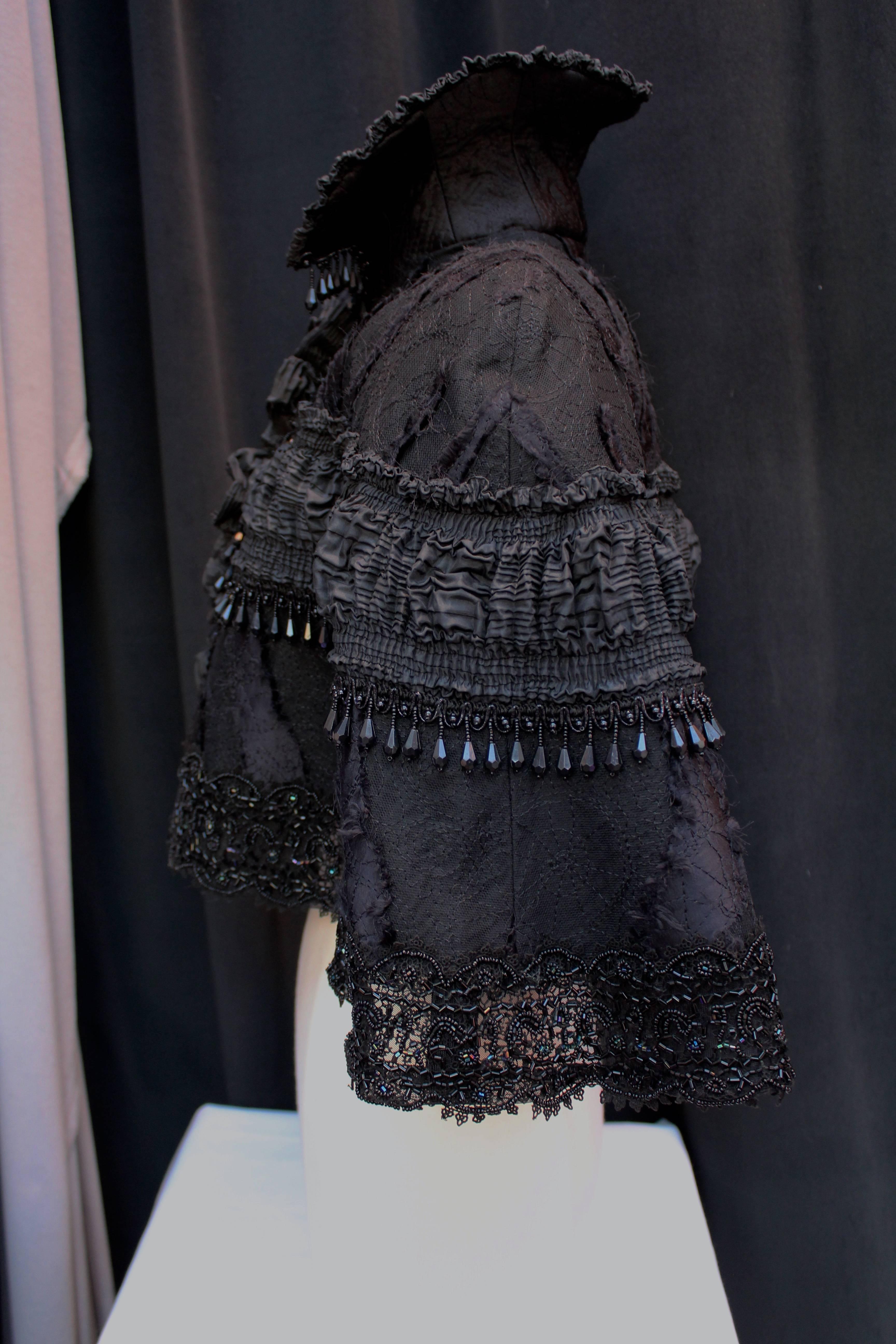 1998 Christian Lacroix Black Beaded Short Victorian Style Cape In Excellent Condition In Paris, FR