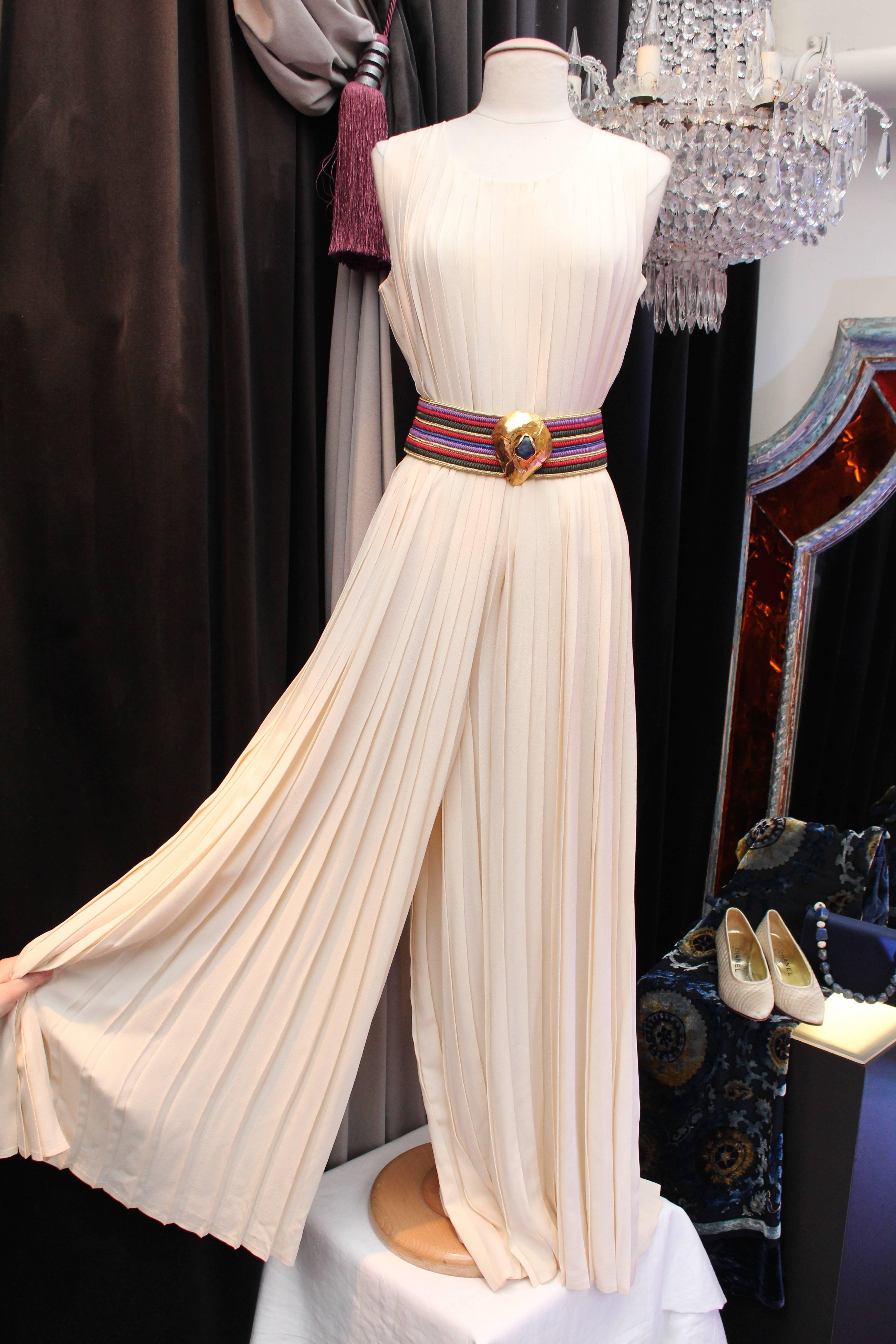 Beige 1980s Nina Ricci Couture Ivory Pleated Silk Jumpsuit