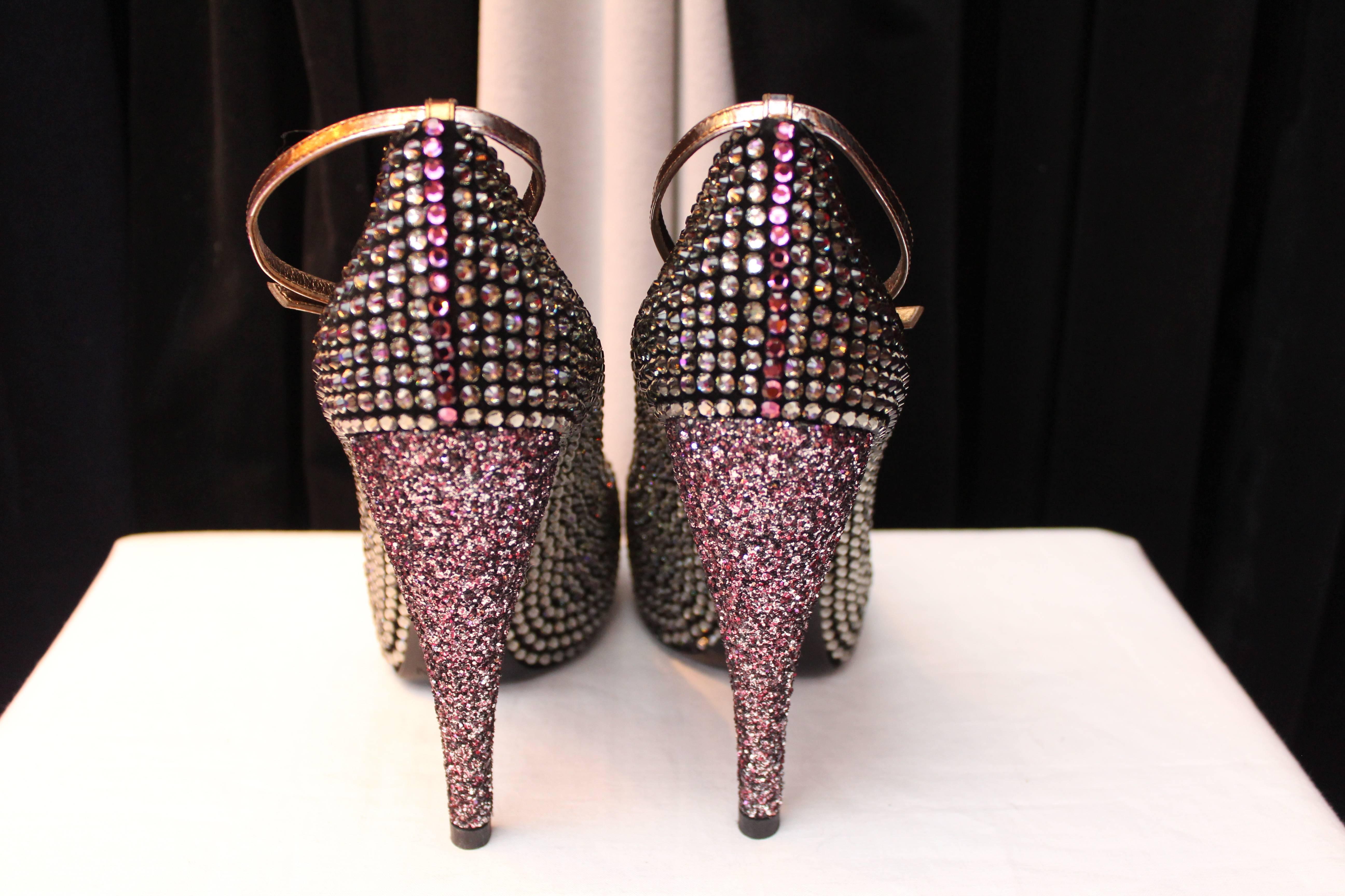 Women's 2013 Lanvin Platform Pumps with Grey and Pink Crystals For Sale