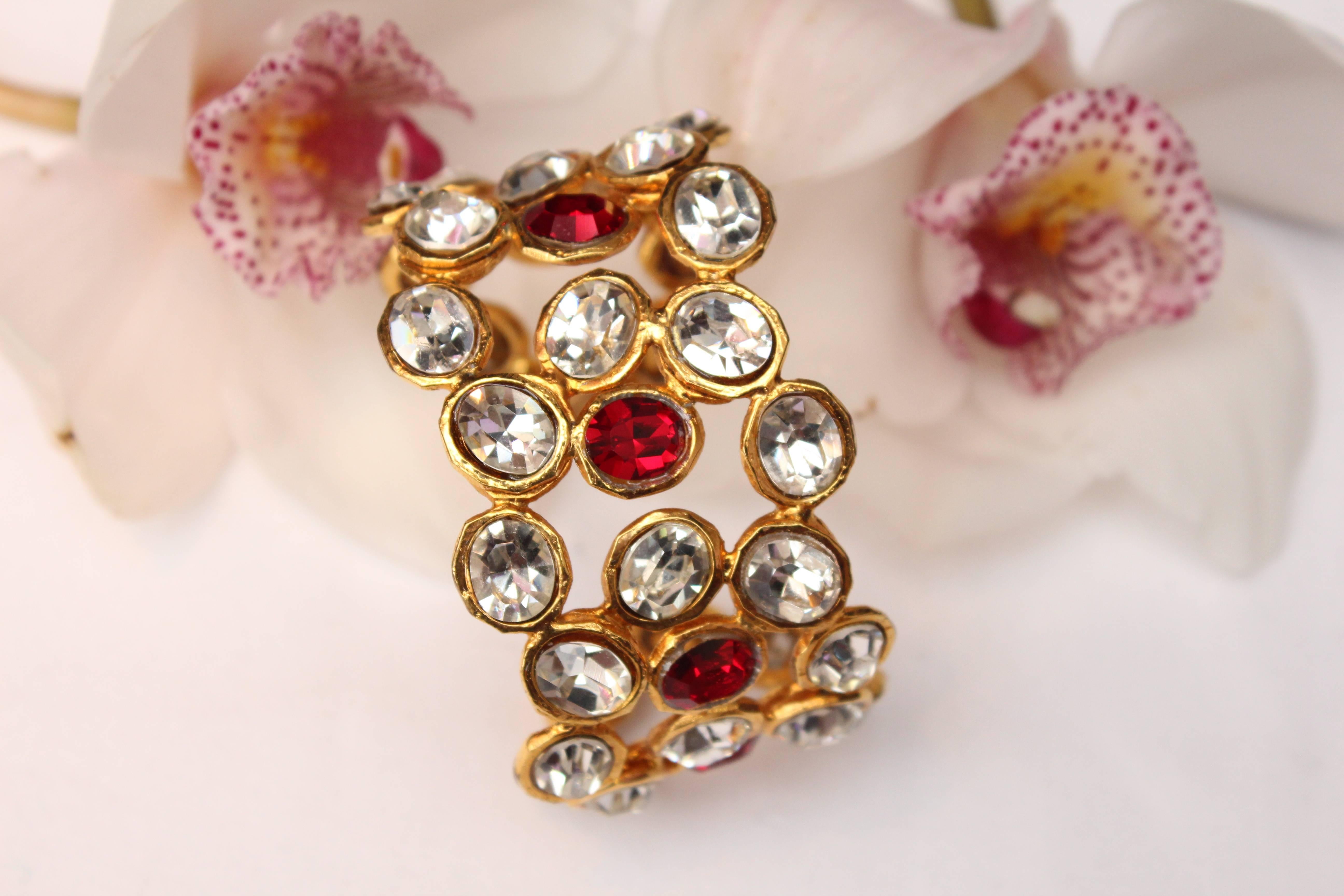 Early 1990s Chanel Cuff with Gilt Metal and White and Red Crystals For Sale 3