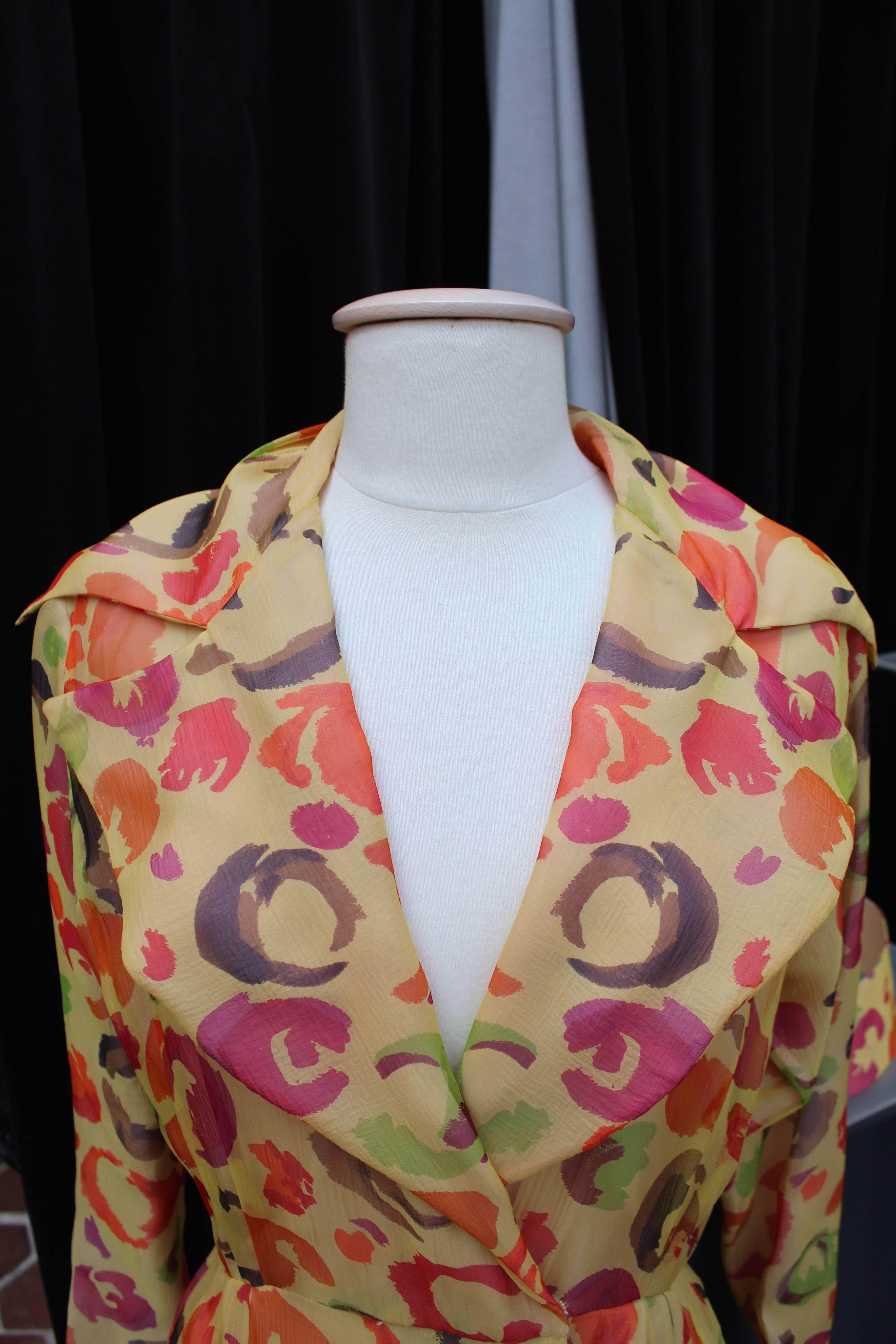 1970s Ted Lapidus Printed Silk Muslin Wrap Dress For Sale 5