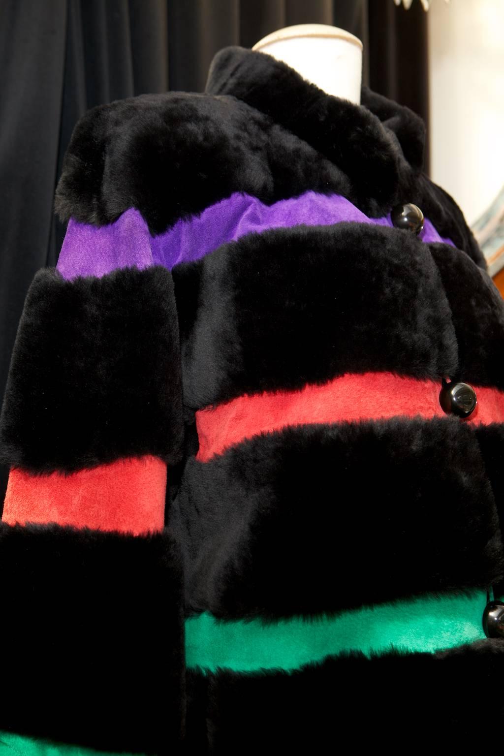 1980s Yves Saint Laurent Coat in Black Fur and Stripes of Multicolored Suede For Sale 2