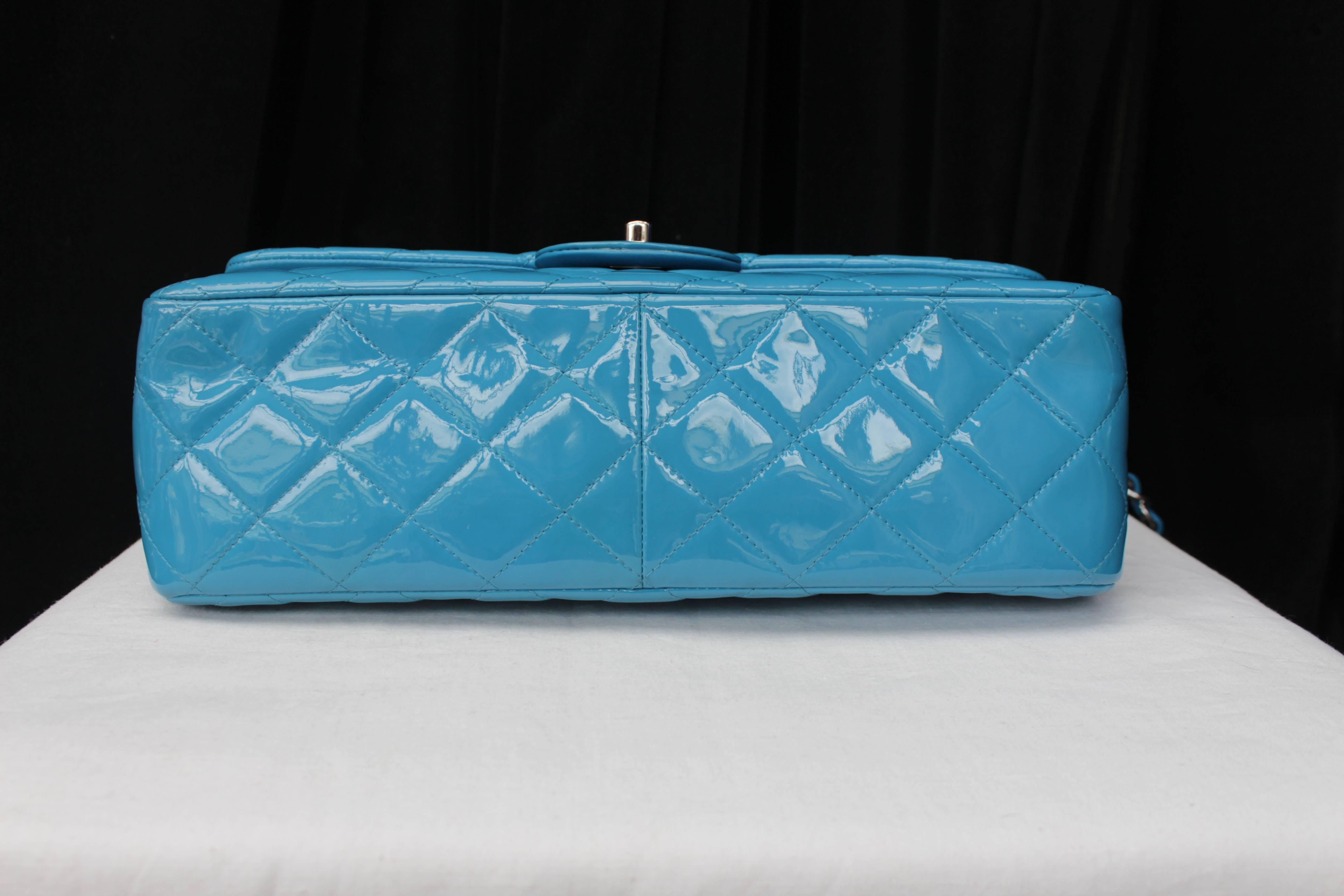 2000s Chanel Jumbo Timeless Bag in Patent Turquoise Leather and Silver Hardware 1