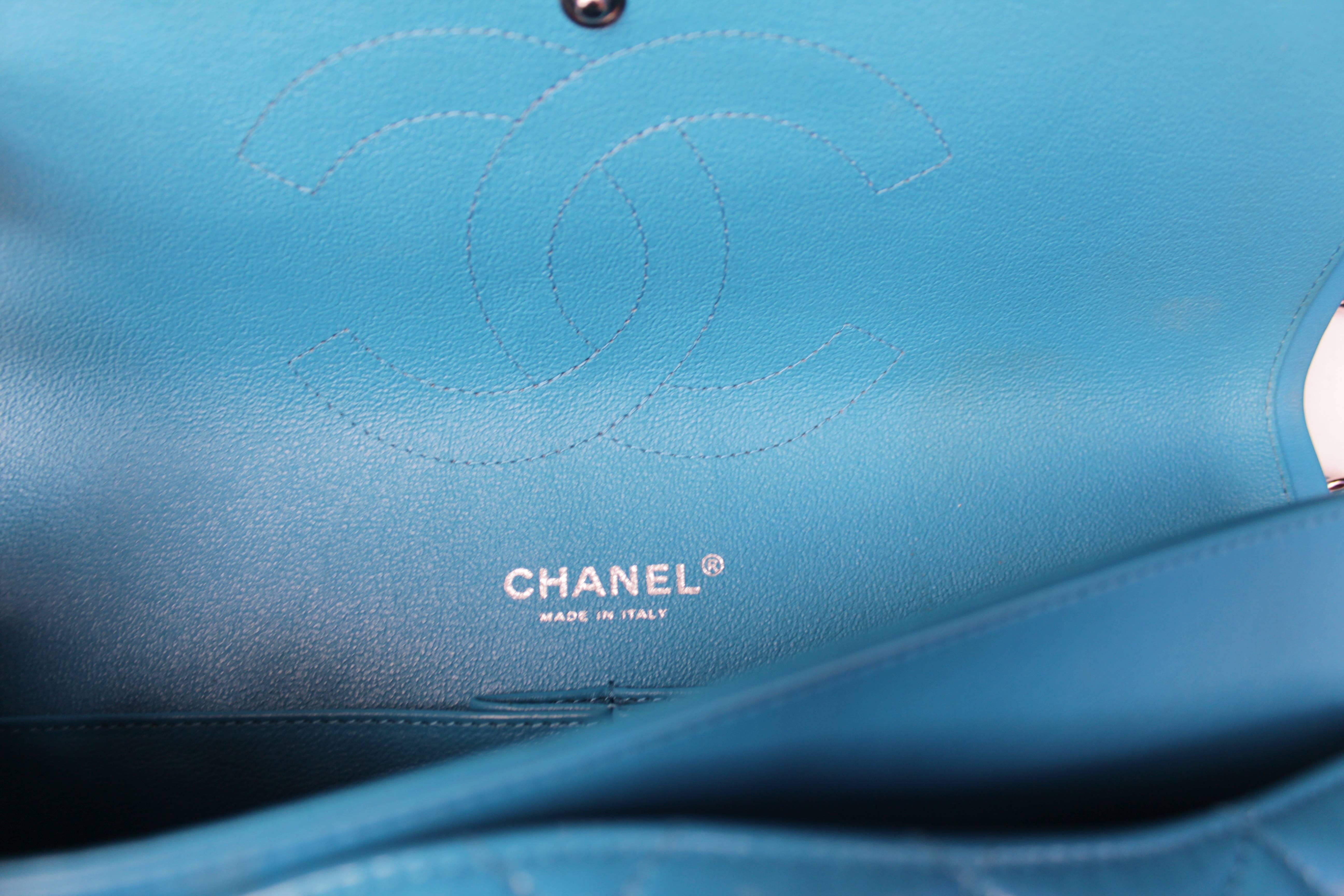 2000s Chanel Jumbo Timeless Bag in Patent Turquoise Leather and Silver Hardware 4