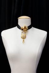 1990s Valentino Couture Black Ribbon Necklace and Gilt Fllower Pendant