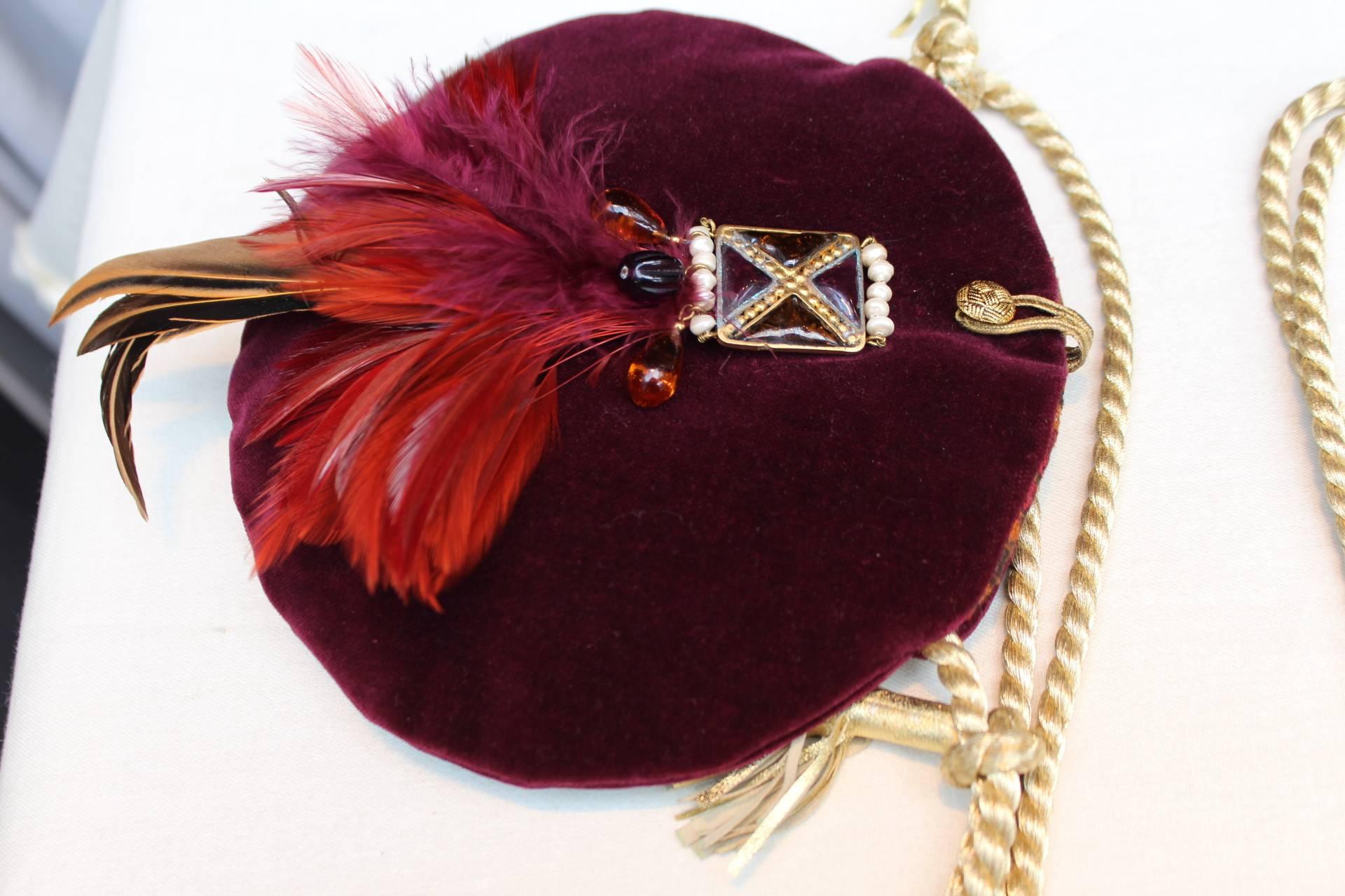 Women's 1980s Isabel Canovas Evening Bag in Burgundy Velvet, Glass and Feathers