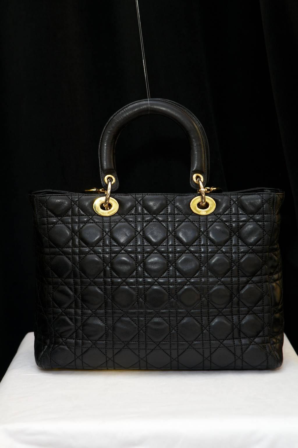 Women's 2012 Christian Dior Iconic Large 'Lady Dior' Handbag in Black Lambskin and Gilt