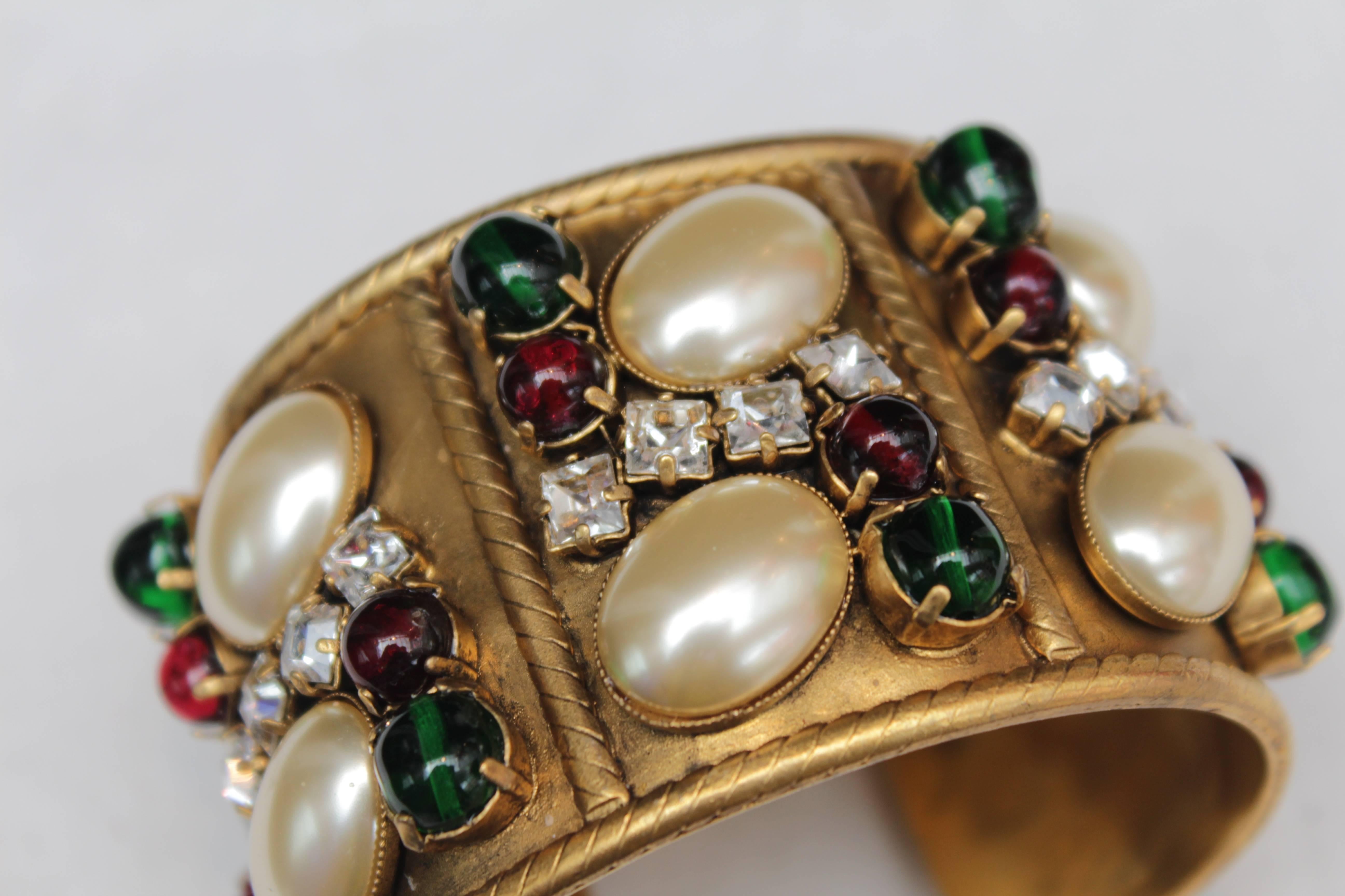 Early 1990s Chanel Gilt Cuff and Green and Red Glass 3