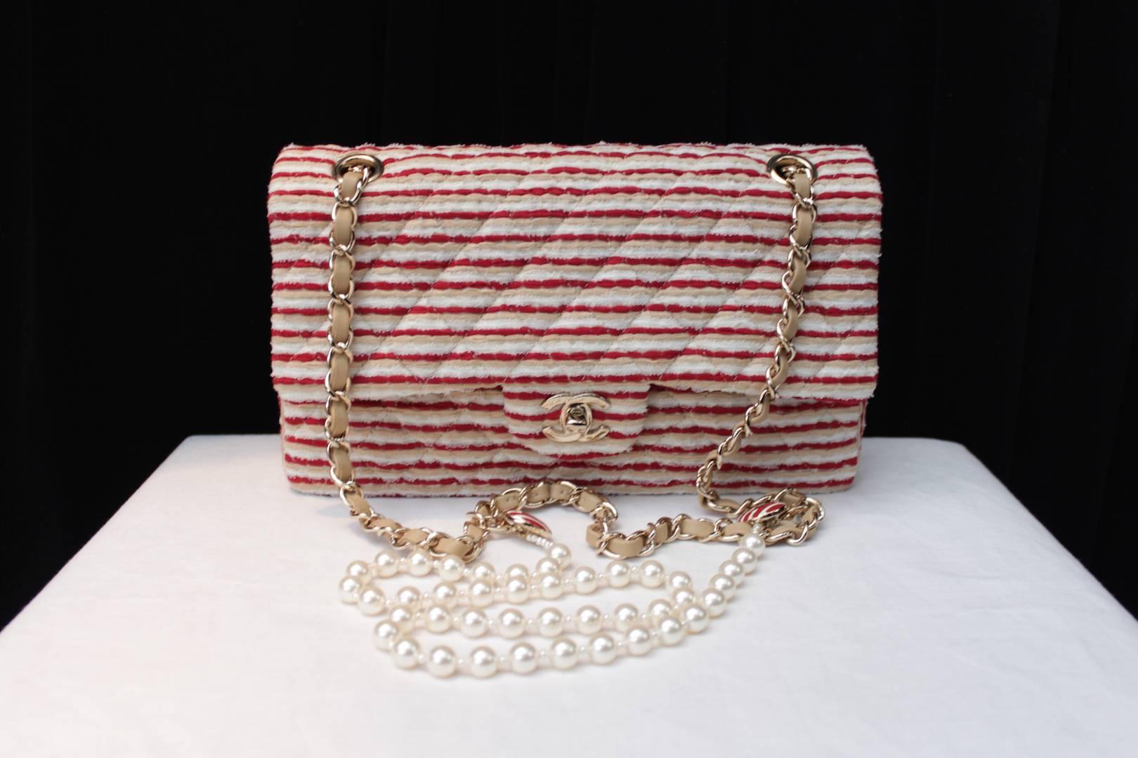 Brown 2014 Chanel Timeless White and Red stripes handbag with Faux Pearls Handle For Sale