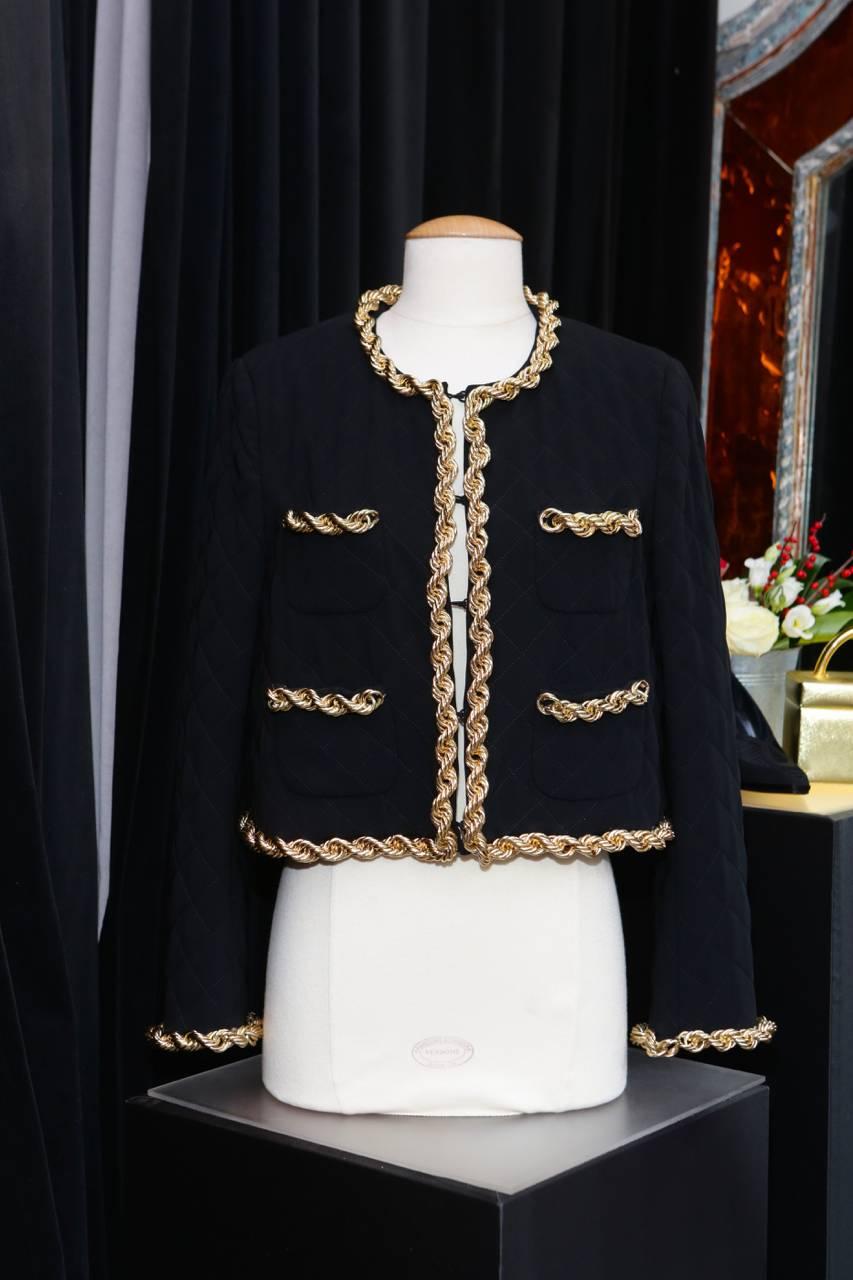 Women's Moschino Couture Suit with Quilted Black Fabric and Large Gilt Chains, 2014 