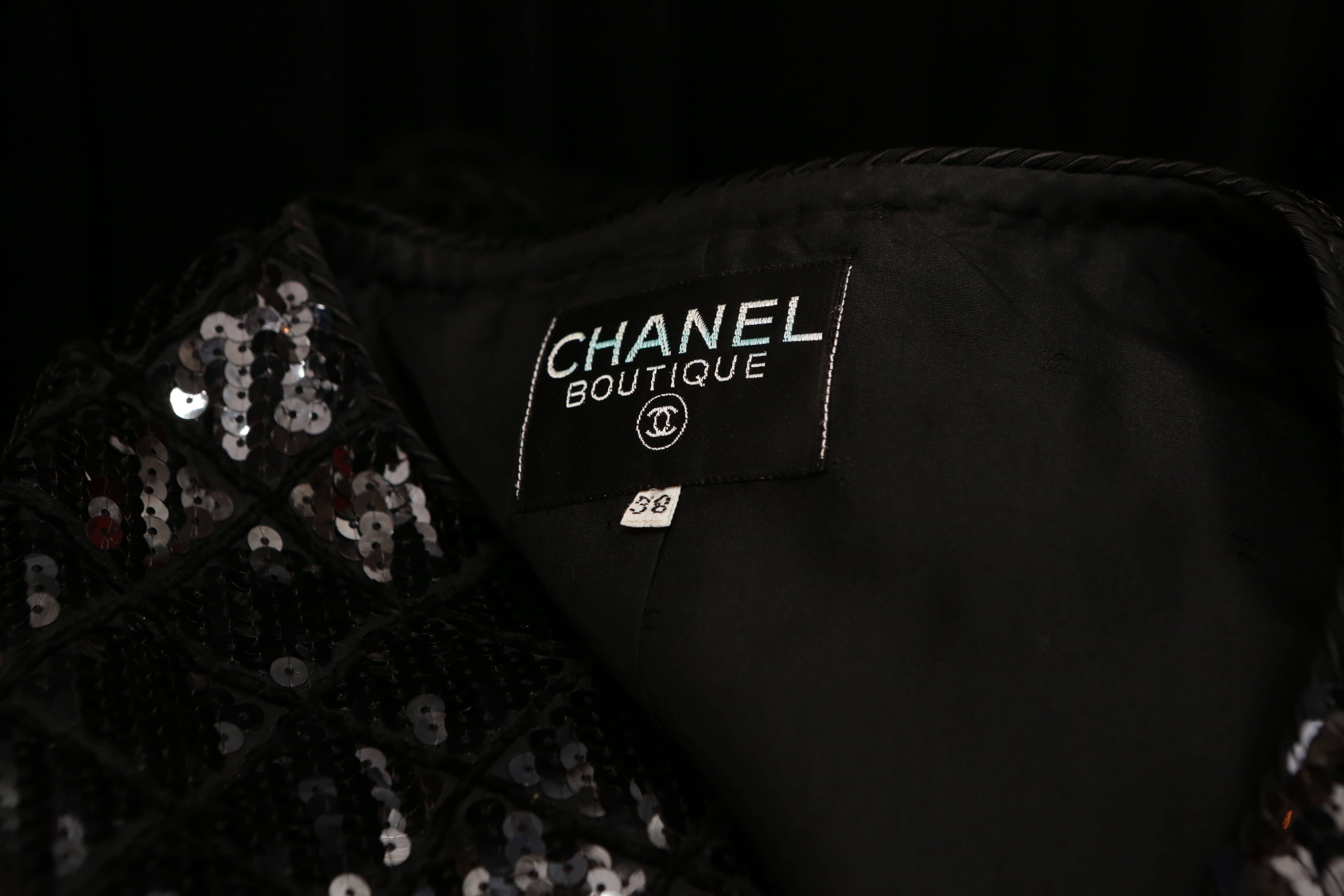 Early 1990s Chanel Black Sequins Skirt Suit For Sale 6