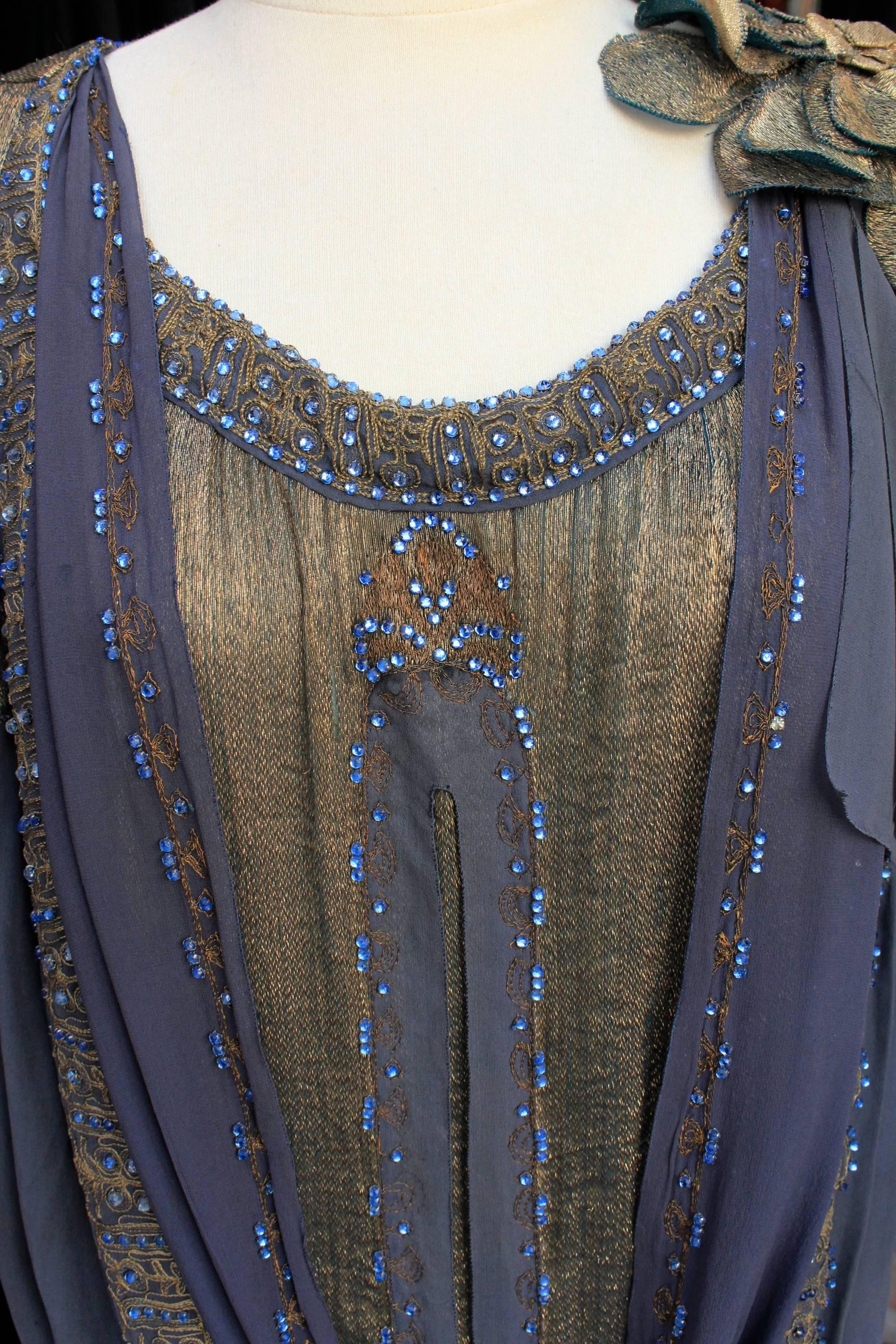 Women's 1920s Night Blue and Goldtone Lame Dress For Sale