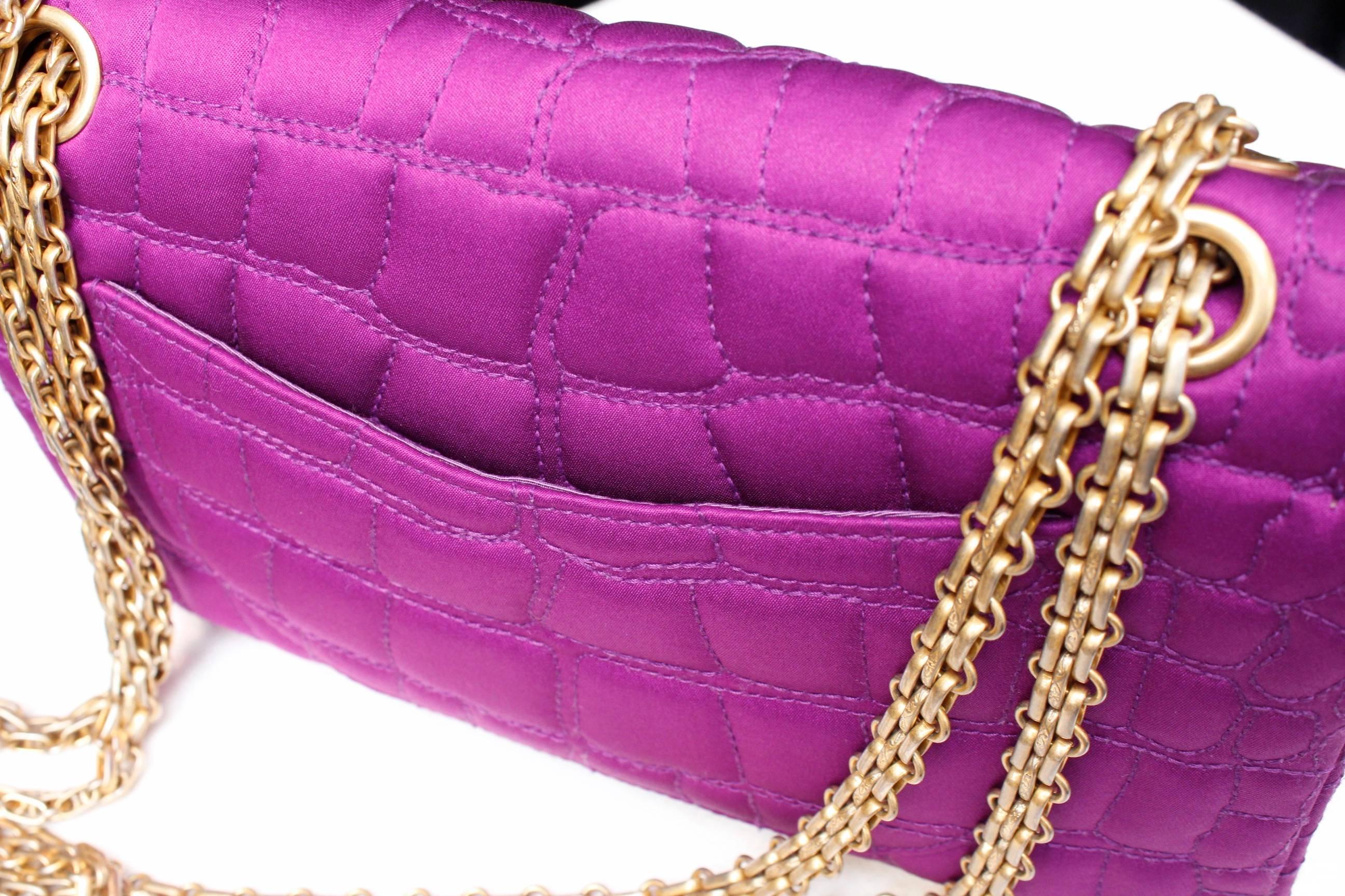 Women's Chanel 2-55 Purple Satin Shoulder Bag with Crocodile Pattern, 2000s  For Sale