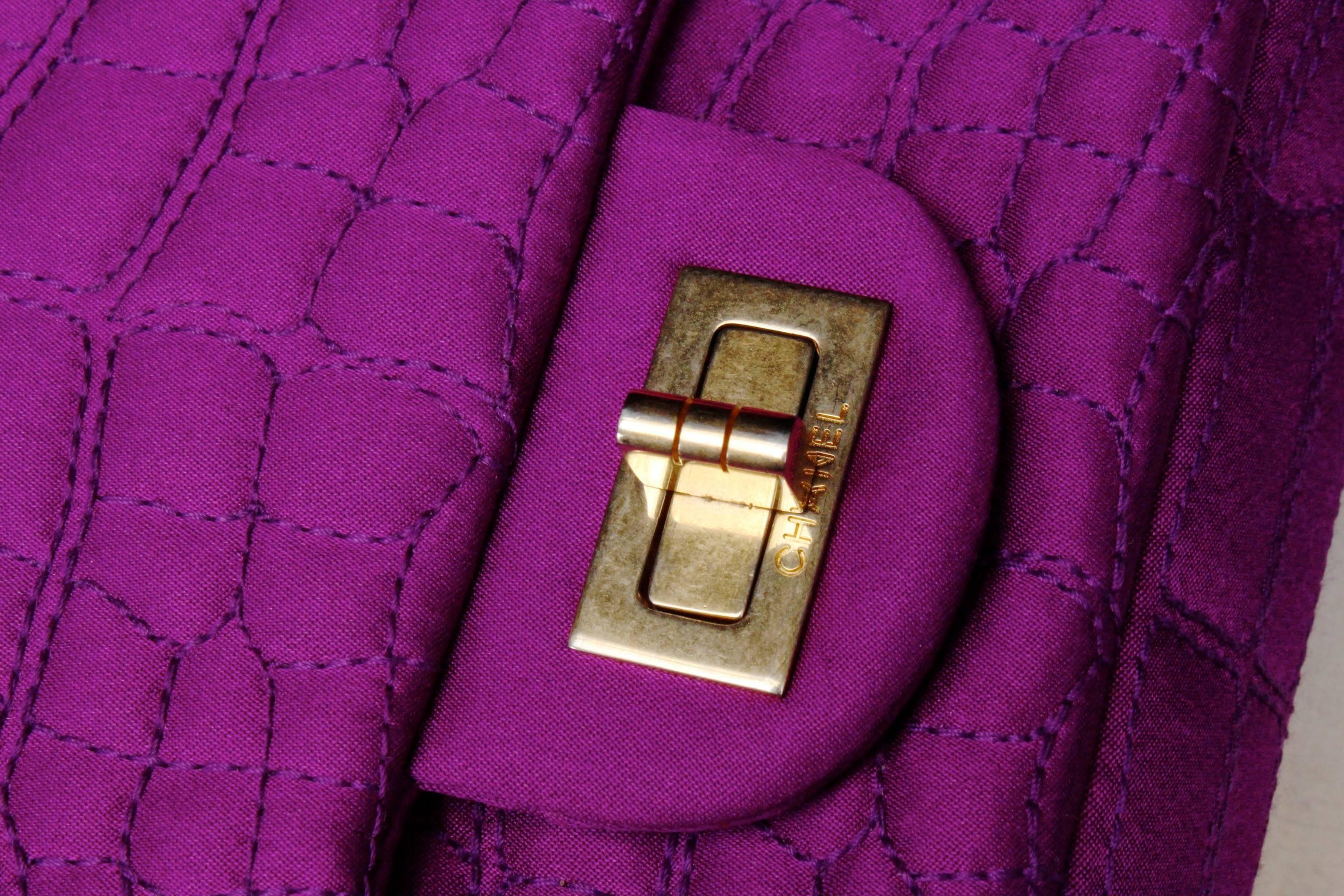 Chanel 2-55 Purple Satin Shoulder Bag with Crocodile Pattern, 2000s In Excellent Condition For Sale In Paris, FR