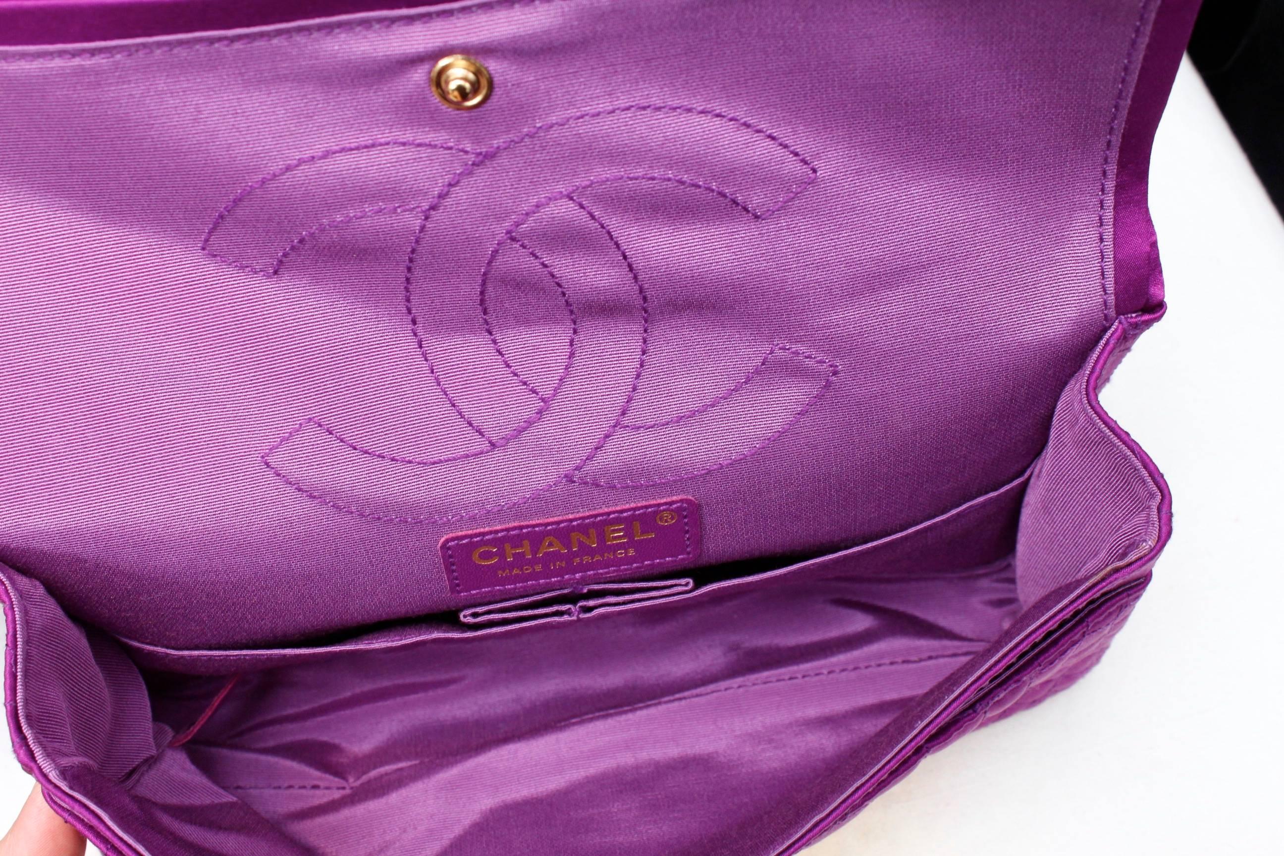 Chanel 2-55 Purple Satin Shoulder Bag with Crocodile Pattern, 2000s  For Sale 1